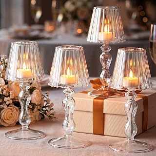 Mumufy 4 Pcs Glass LED Tealight Candle Holders, Desk Lamp Shaped, Clear