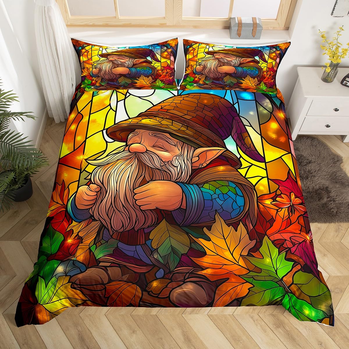 Fall Gnome Comforter Cover King Autumn Maple Leaf Bedding Set Exotic Style Hippie Dwarf Duvet Cover Thanksgiving Harvest Theme Bed Set For Kids Adults Room Decor 2 Pillow Cases