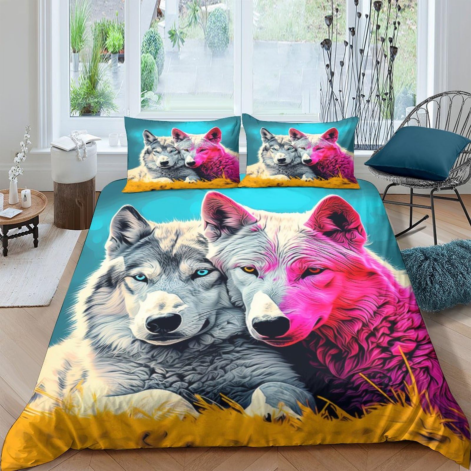 Housse de couette loup 200x200 anti-plis et douce en coton pour lit double IOFEER