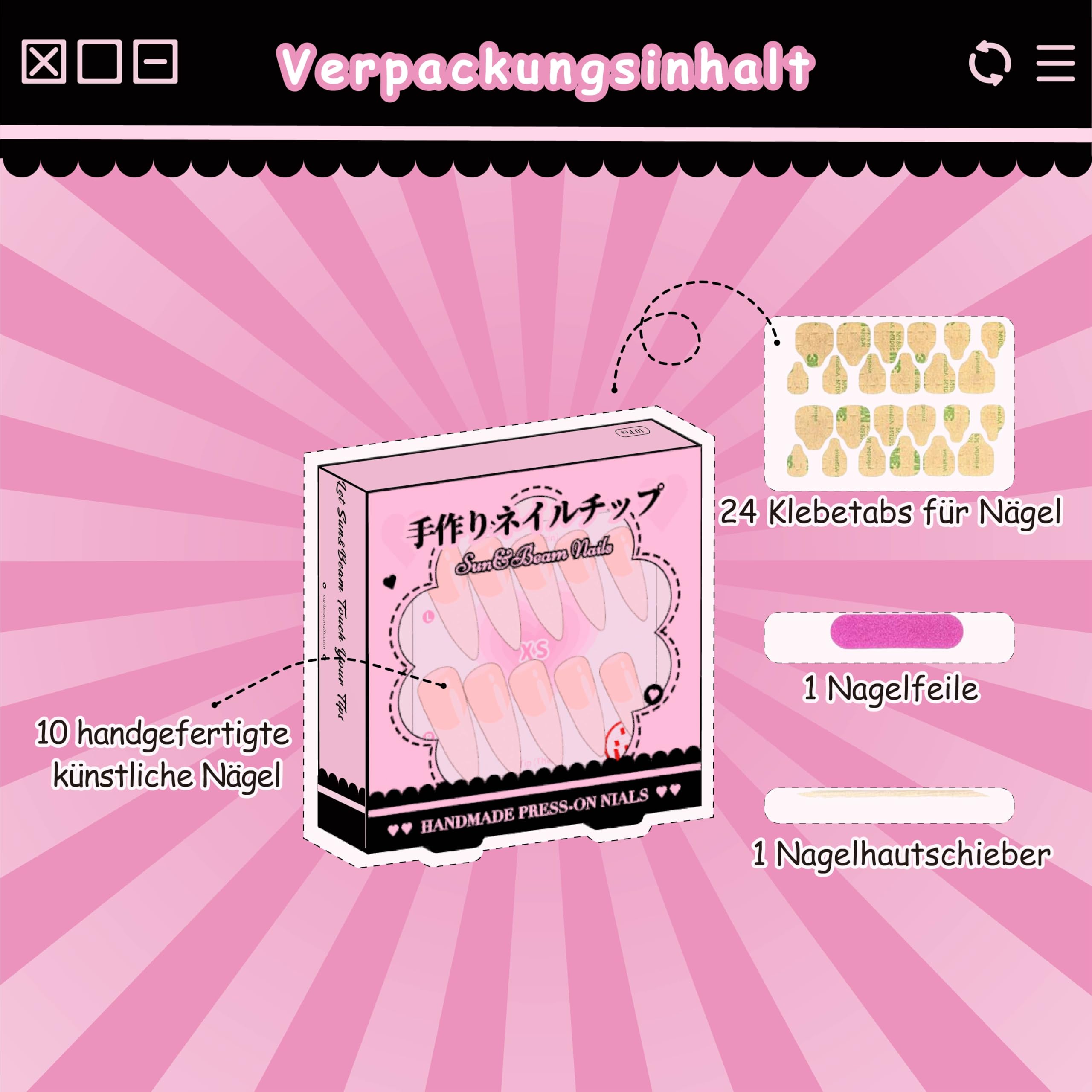 Sun&Beam Nails Handgefertigte Kunstnägel Lang Sargform Ballerina Nägel zum Aufkleben in Schwarz Silber 3D Cool Modisch Design mit Klebepads 10 Stück (#003 S) - 5