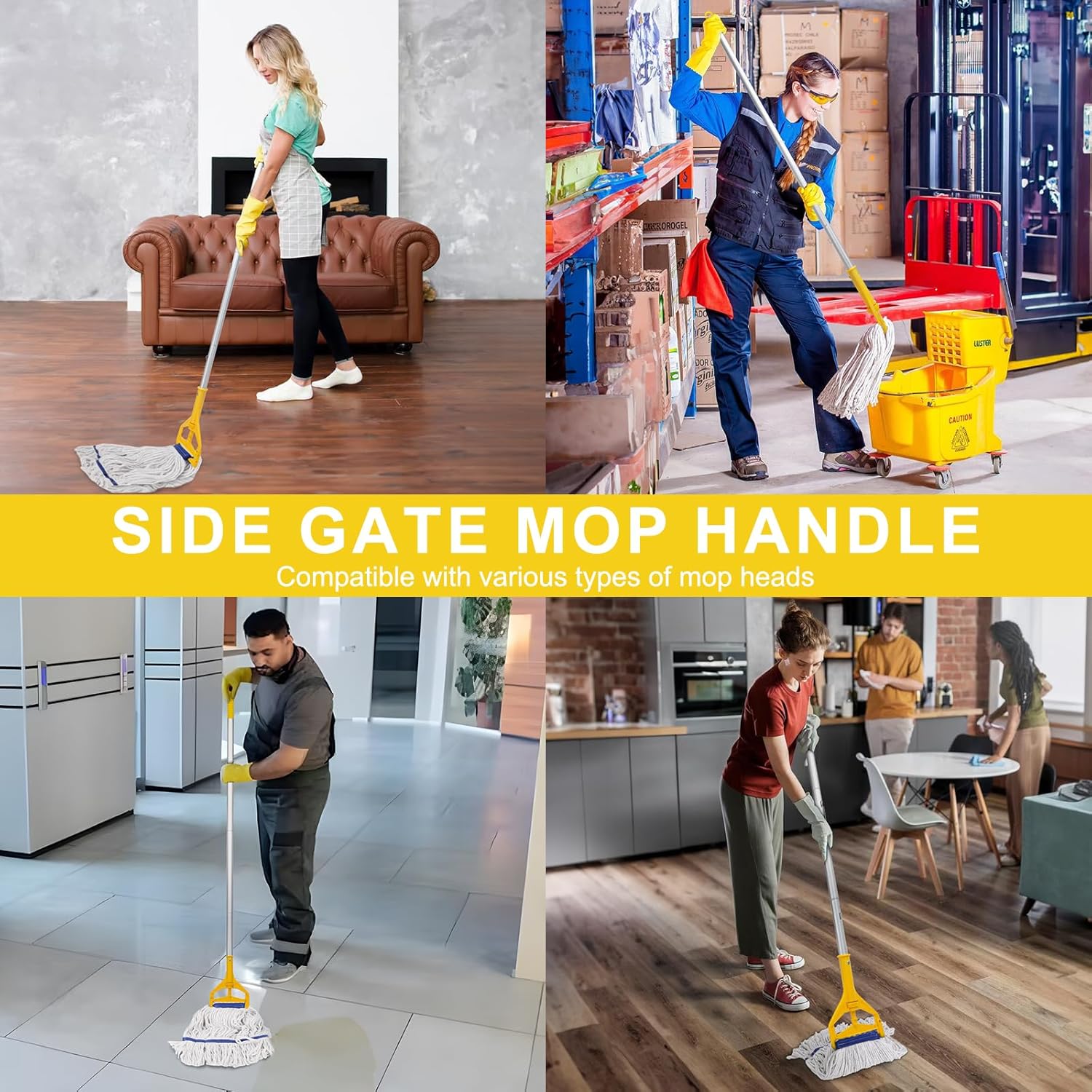 KeFanta 2 Pack Commercial Mop Handle Heavy Duty,60 Inch Aluminum Side Gate Mop Stick,Industrial Wet Mops Head Replacement Holder for Floor Cleaning,Yellow
