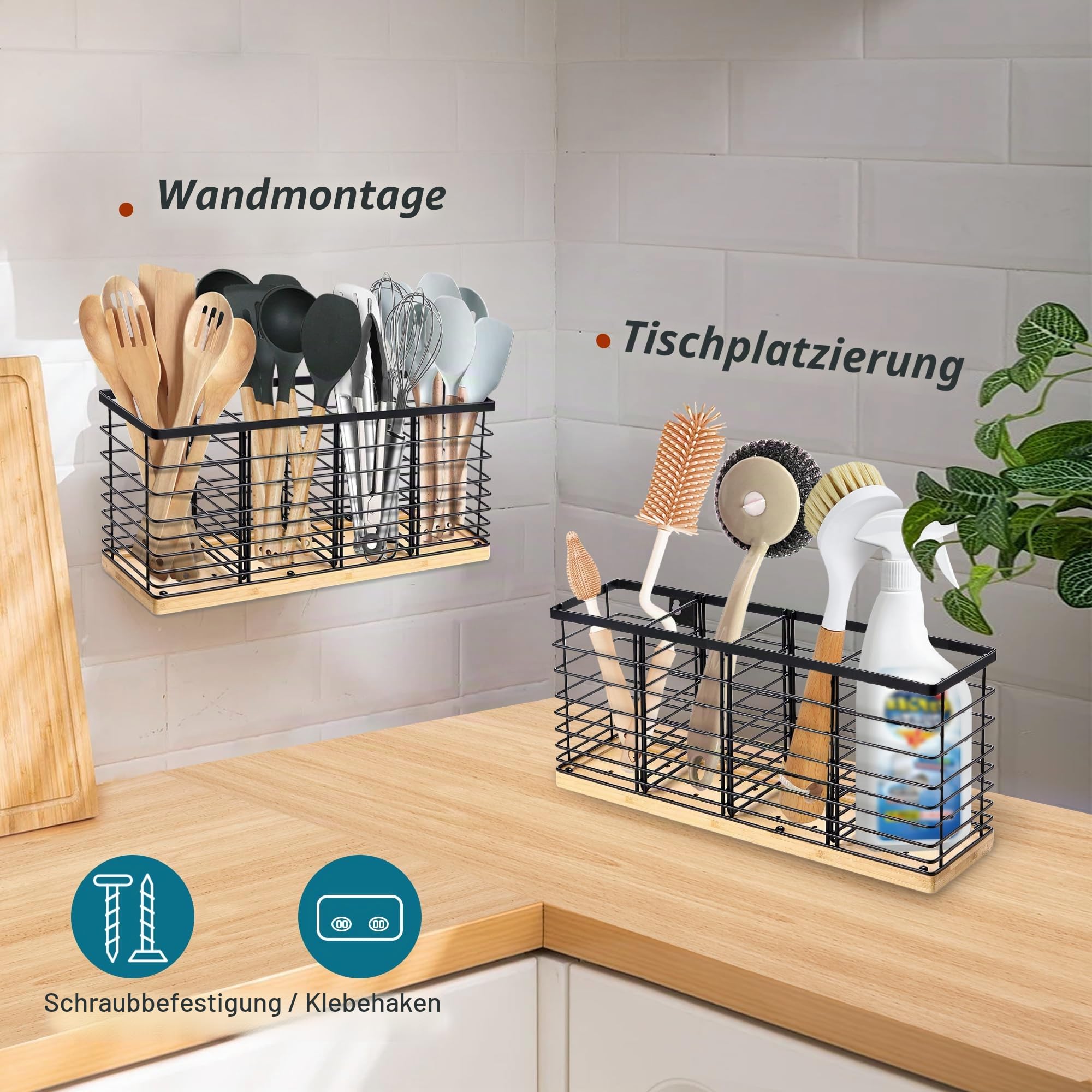 Suli Extra großer Küchenutensilienhalter mit 4 Fächern, mattschwarzer Metallhalter mit Holzsockel für Küchenarbeitsplatte, Bauernhaus-Kochutensilienaufbewahrung, rustikale Kochutensilien