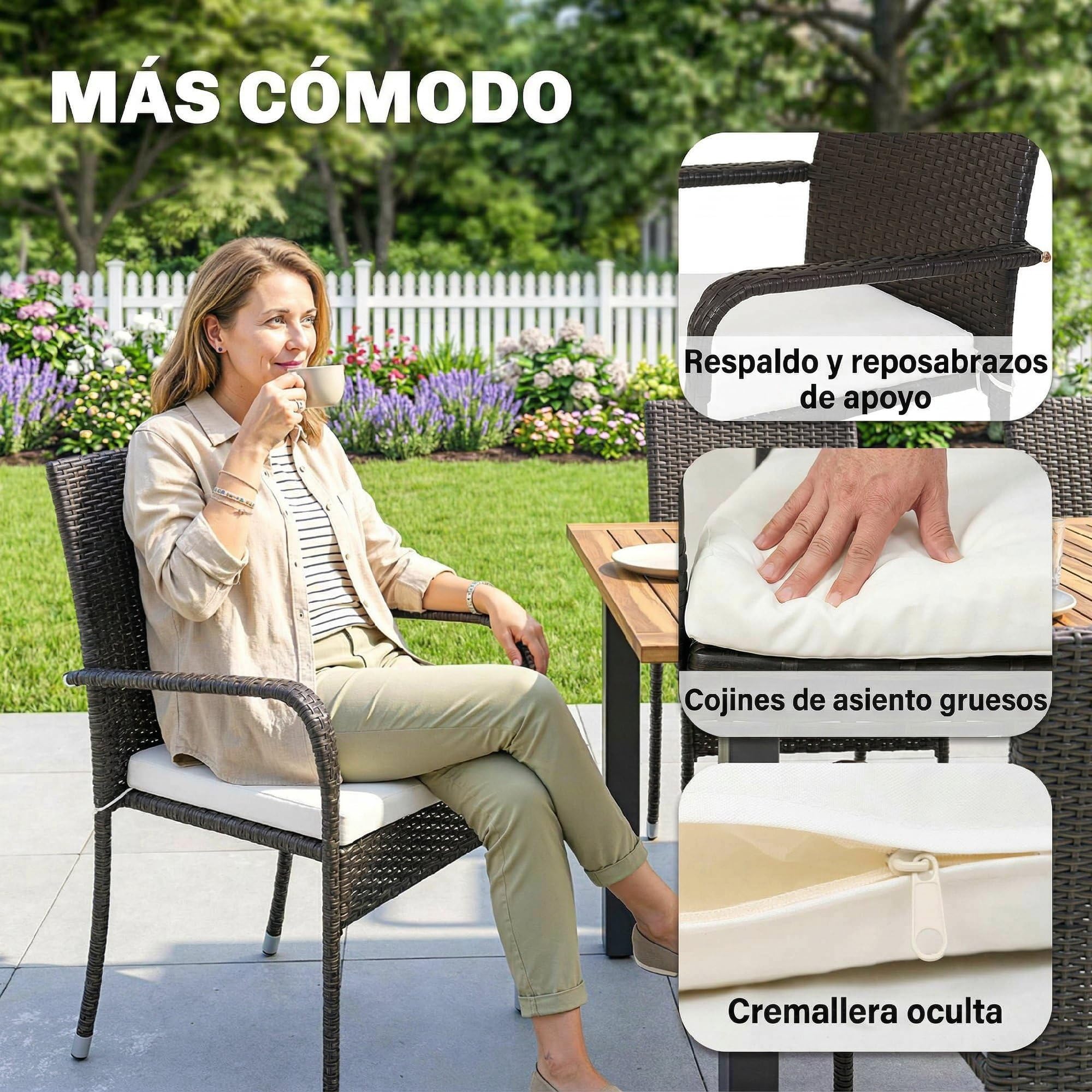 Outsunny Conjunto de Mesa y Sillas Jardín de Ratán de 7 Piezas, Crema | Mesa Extensible 100-150 cm Tablero Madera,6 Sillas Apilables,Cojines Extraíbles,Marco de Acero,Muebles Jardín Exterior