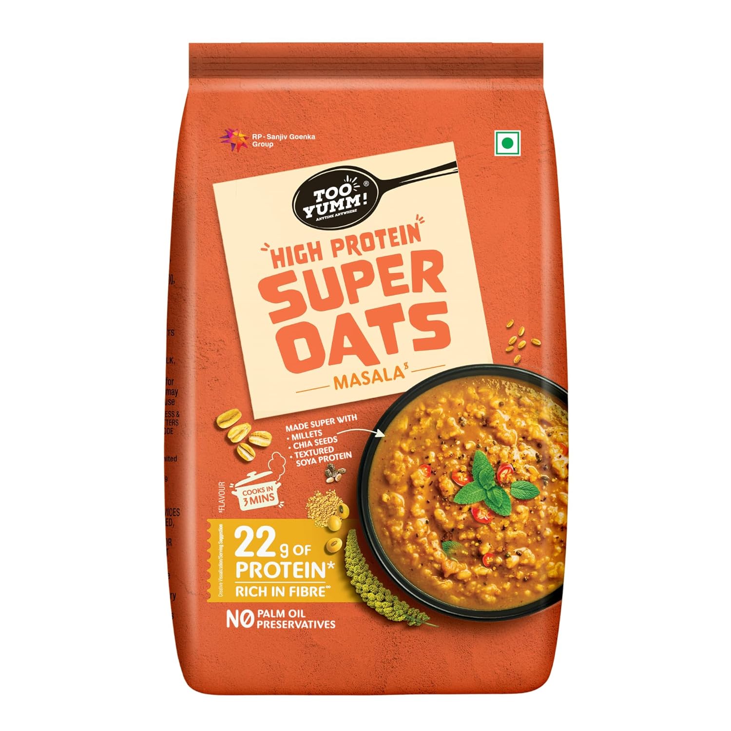 Too Yumm Oats High Protein Super Oats Masala | 22.2g Protein | Oats, Soya Chunks, Millets, Bajra, Jowar & Chia Seeds | 12.2g Dietary Fibre | 350g