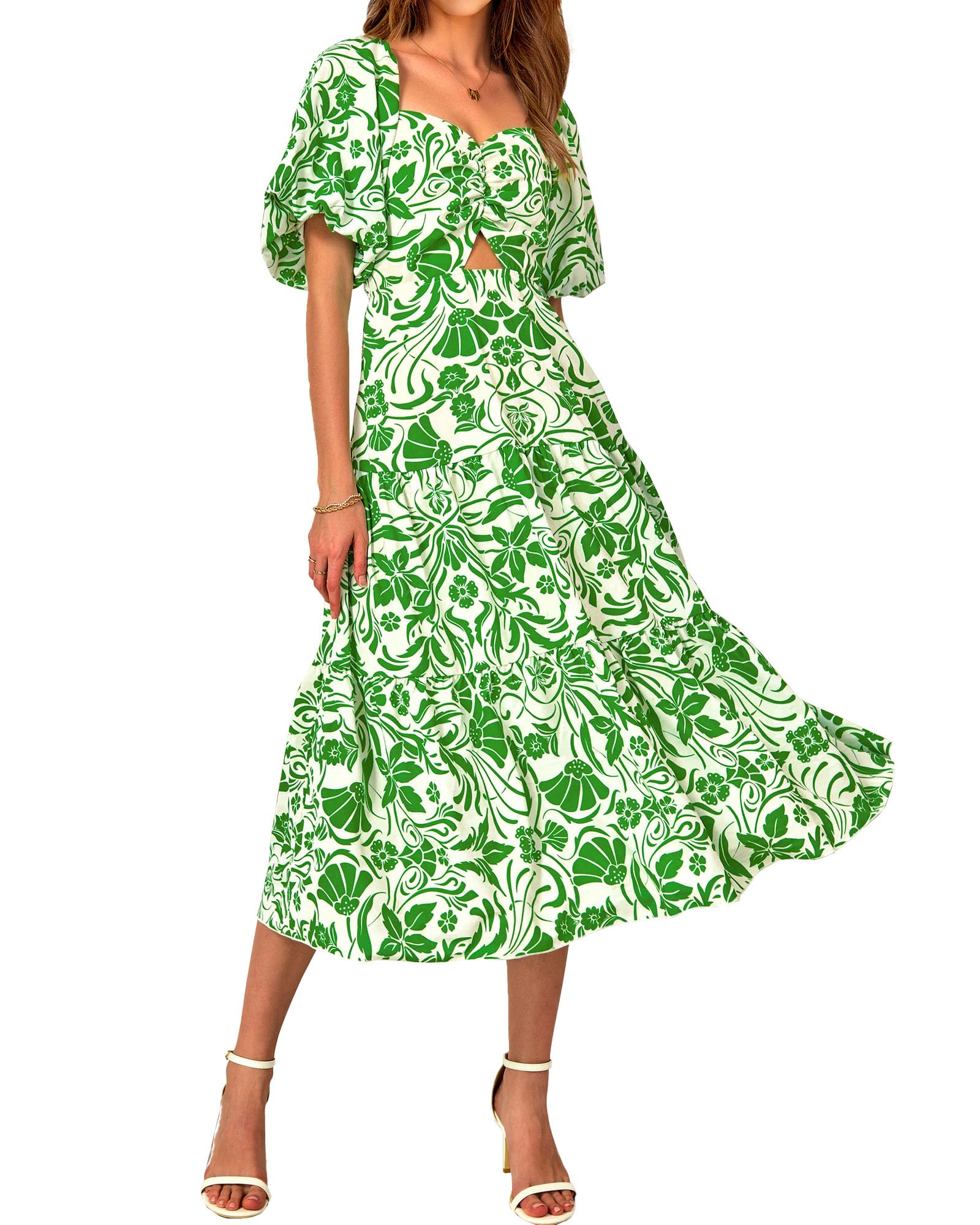 BTFBM Women Summer Dresses 2025 Casual Flowy Beach Square Neck Puff Short Sleeve Smocked Back Boho Floral Long Maxi Dress
