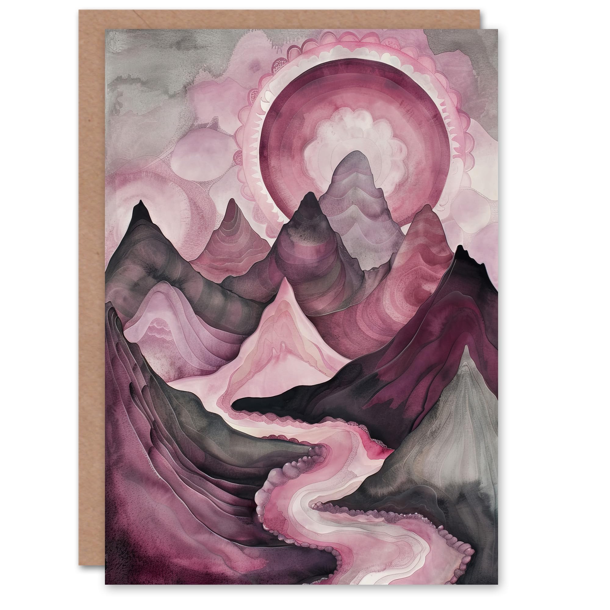Artery8 Greeting Card Purple Fantasy Mountain Path Sunset Watercolour Blank For Him Or Her Art Birthday Card