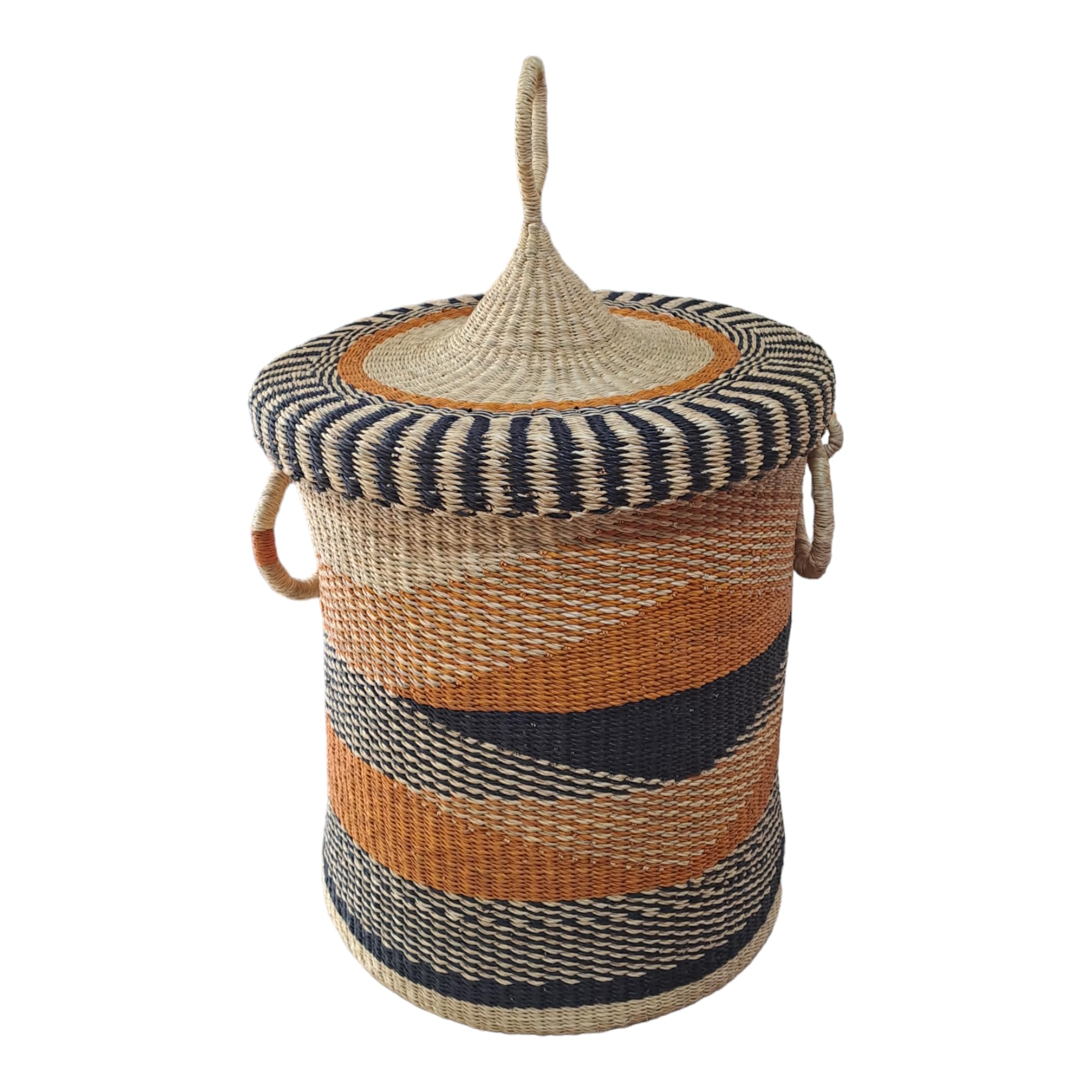 African Woven Laundry Basket for Clothes, Towels, Sheets, Blankets, Storage Basket with Lid, Rattan Hamper Basket, Ghana Basket for Storage (Medium)