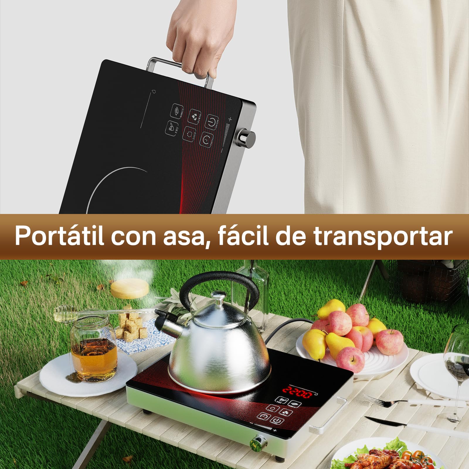 Placa Eléctrica 1 Fuego, Placa Vitrocerámica Infrarroja Portátil con Control Táctil y Perilla, Temperatura Ajustable para Cocina y Camping, RR-912-Black
