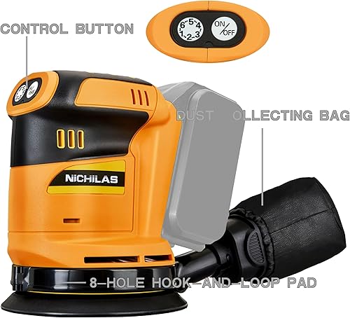 Miniatura 2 de Lijadora orbital aleatoria inalámbrica sin escobillas, 6 velocidades máximas, 13500 RPM, lijadora eléctrica de 5 pulgadas con colector de polvo para