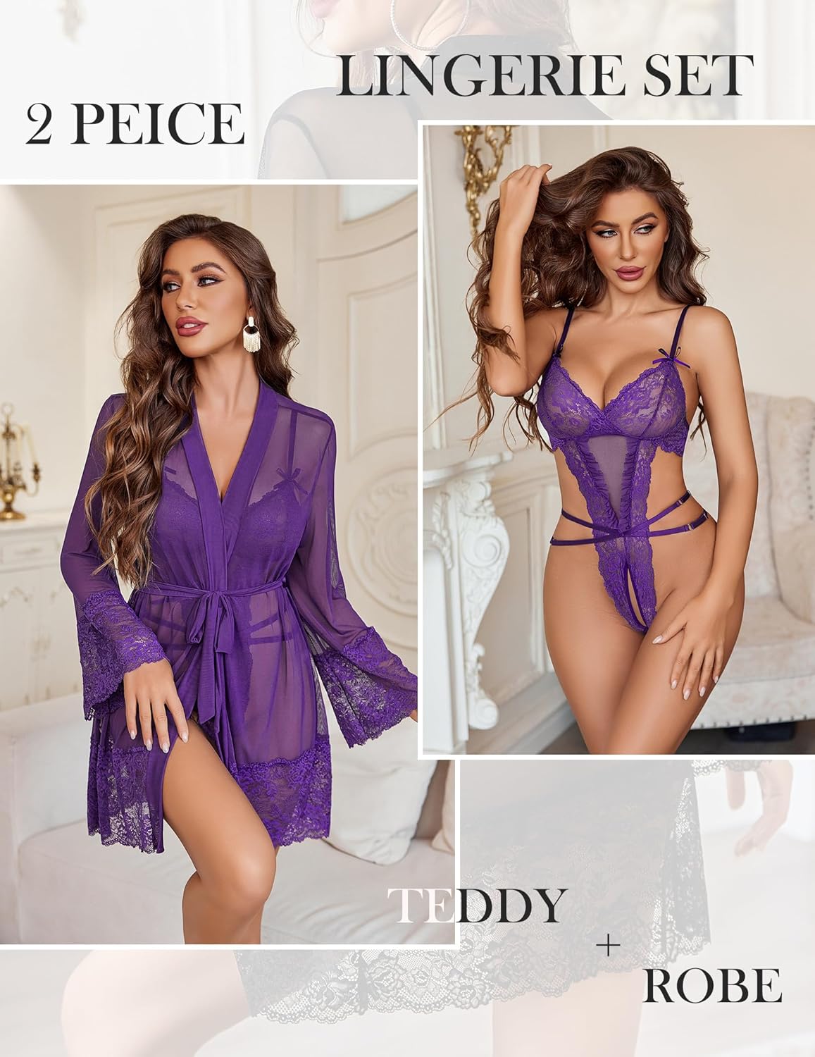 Avidlove Sexy Womens Lingerie Set 2 Piece Lace Teddy with Robe Mesh Bodysuit Nightgown - Image 2