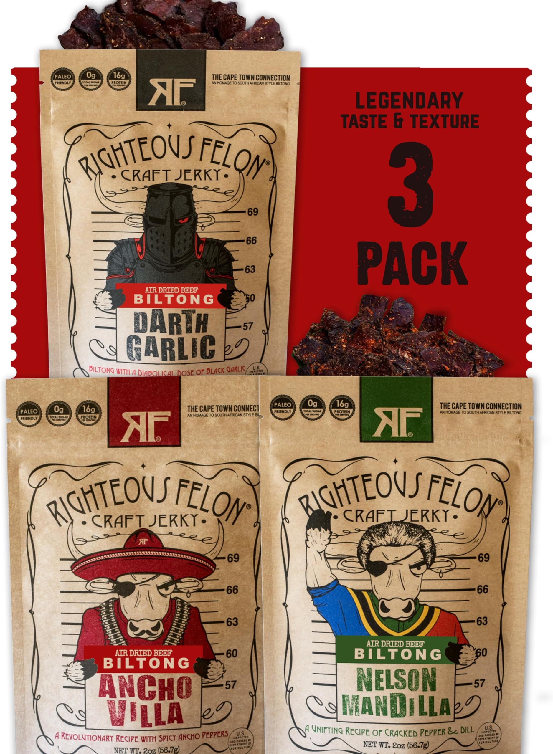 Righteous Felon Biltong Beef Jerky Variety Pack,South African Biltong Snack Packs for Adults,High Protein,Keto-Friendly,Low Sugar,Made with Premium Meats,Beef Jerky Gifts