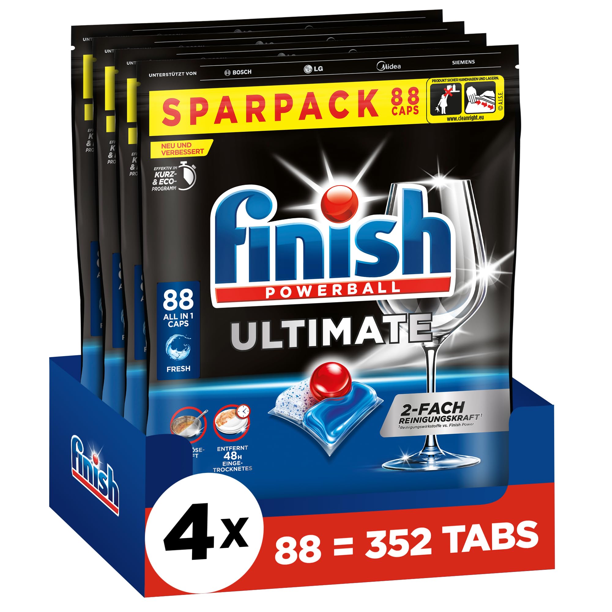 Finish Ultimate Fresh Spülmaschinentabs - Geschirrspültabs für ultimative Reinigung, Fettlösekraft und Glanz - Sparpack mit 352 Tabs (4 x 88 Tabs)