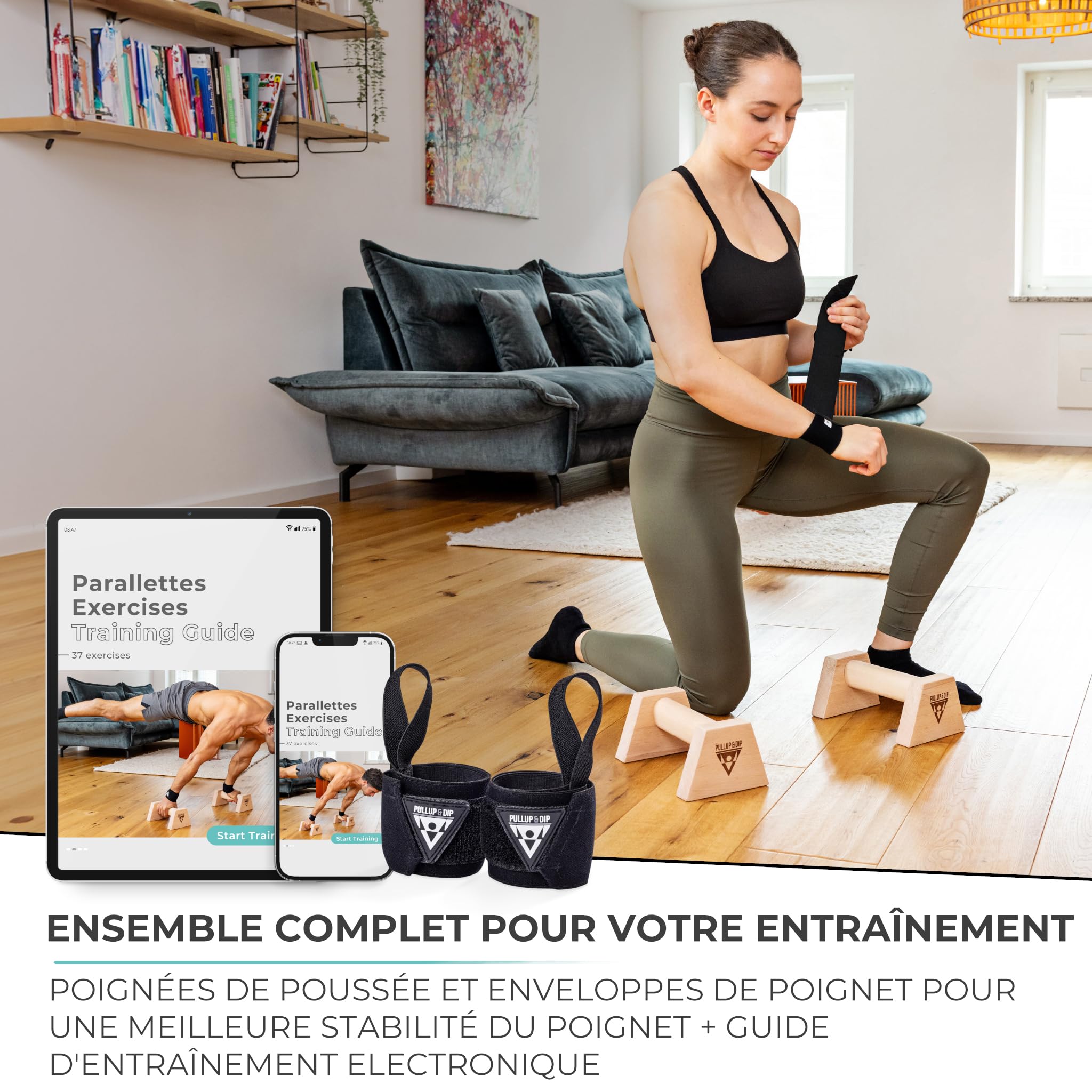 Barres de pompes PULLUP & DIP en bois avec bandages pour poignets - poignées ergonomiques pour poirier, barres de pompes pour la gymnastique, le fitness et l'entraînement du haut du corps