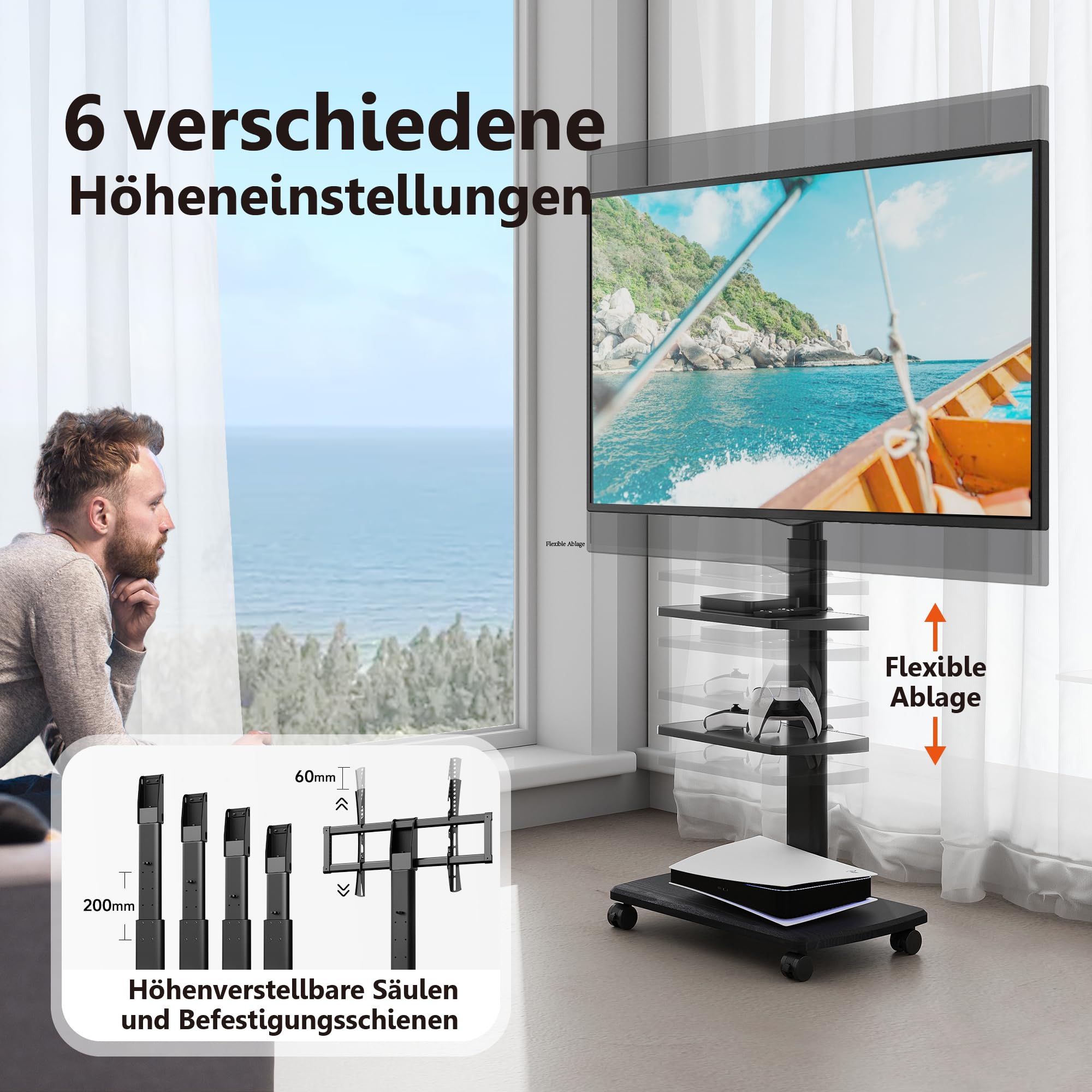 FITUEYES TV Ständer Rollbar, TV Standfuß mit 3 Ablagen für 32-70 Zoll Fernseher bis 40 kg, Höhenverstellbar & Schwenkbar, Max. VESA. 600 * 400 mm, Geeignet für Mietwohnungen Büros, Schwarz