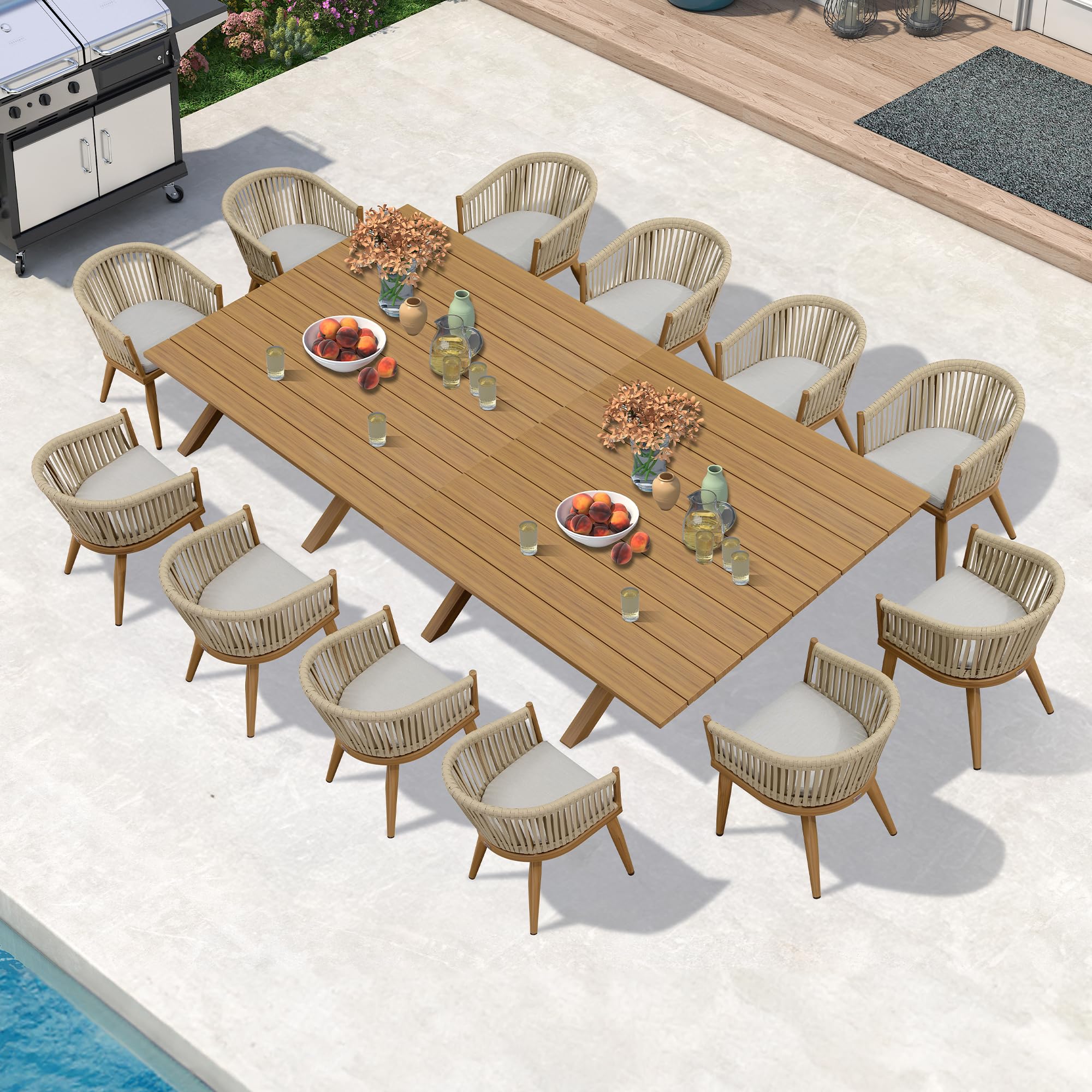 PURPLE LEAF 14 Pieces Outdoor Dining Set with Cushion Rattan Modern, Teak