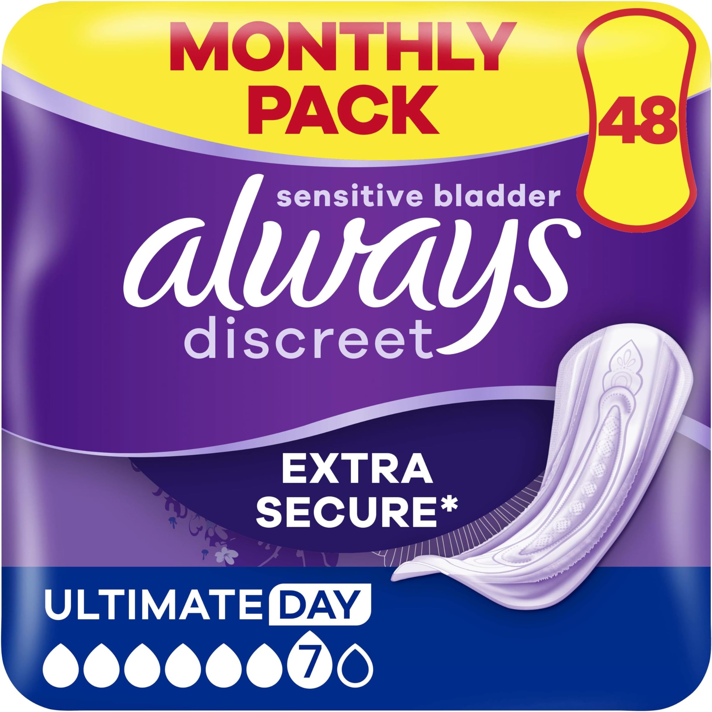 Incontinence Pads Women, Ultimate Day, Absorbency 6, 48 Sanitary Towels (12 x 4 Packs), Extra Secure Bladder Weakness Pads Women, Odour Neutraliser