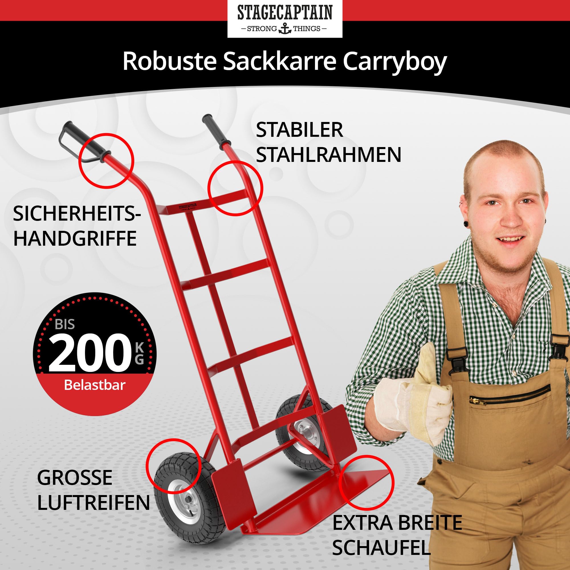 Stagecaptain Carryboy Sackkarre - 200 kg belastbar - Transportkarre für Umzug oder Getränkekisten - Robuster Stahlrahmen und Luftreifen mit 27 cm Ø - Handwagen mit Sicherheits-Haltegriffen - Rot