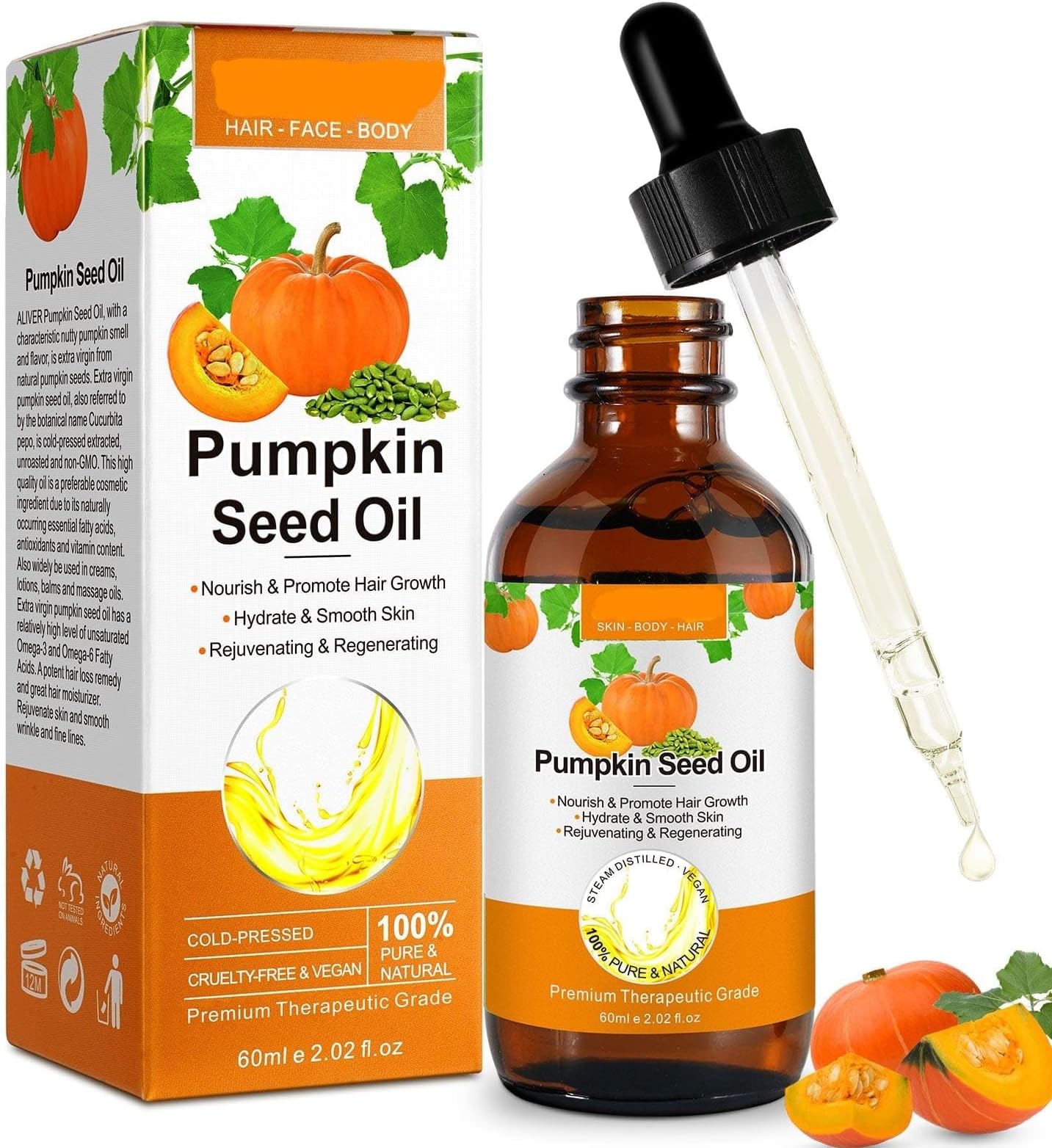 Pumpkin Seed Oil 60ml, Pumpkin Seed Hair Oil for Dry Damaged Hair, Pure Cold Pressed Oil Moisturizing Scalp, Face, Nails, Body, Skin