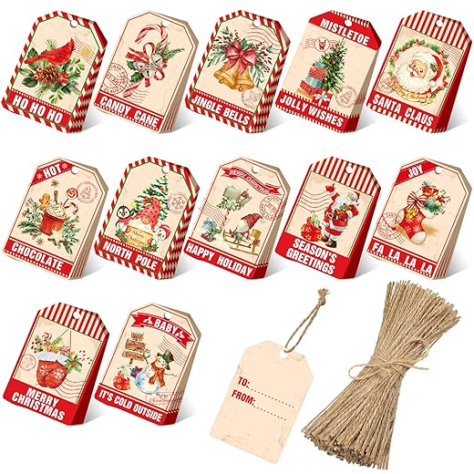 240 Pieces Christmas Hanging Gift Tags Xmas Retro Vintage Kraft Hang Labels Winter Holiday Vintage Christmas Tree Name Tags for Christmas Holiday Party Stamp Presents Supplies