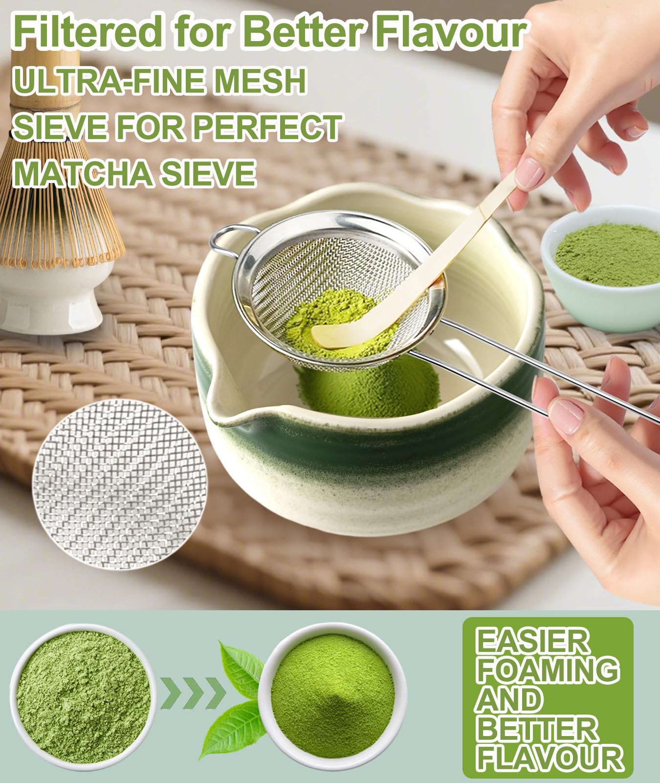 JBER Matcha Matcha Bezemset, 7-delig, bamboebezem, matcha-schaal met
