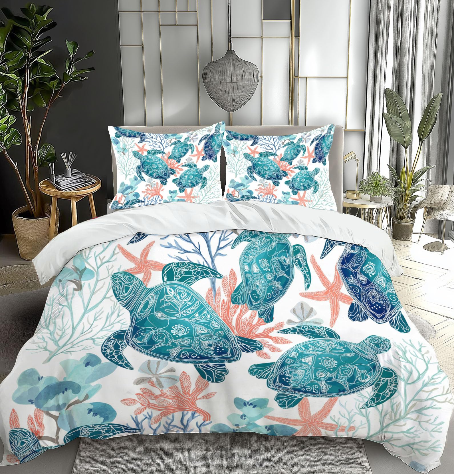 Parure de lit tortue de mer corail 200x200 cm en microfibre avec 2 taies 65x65