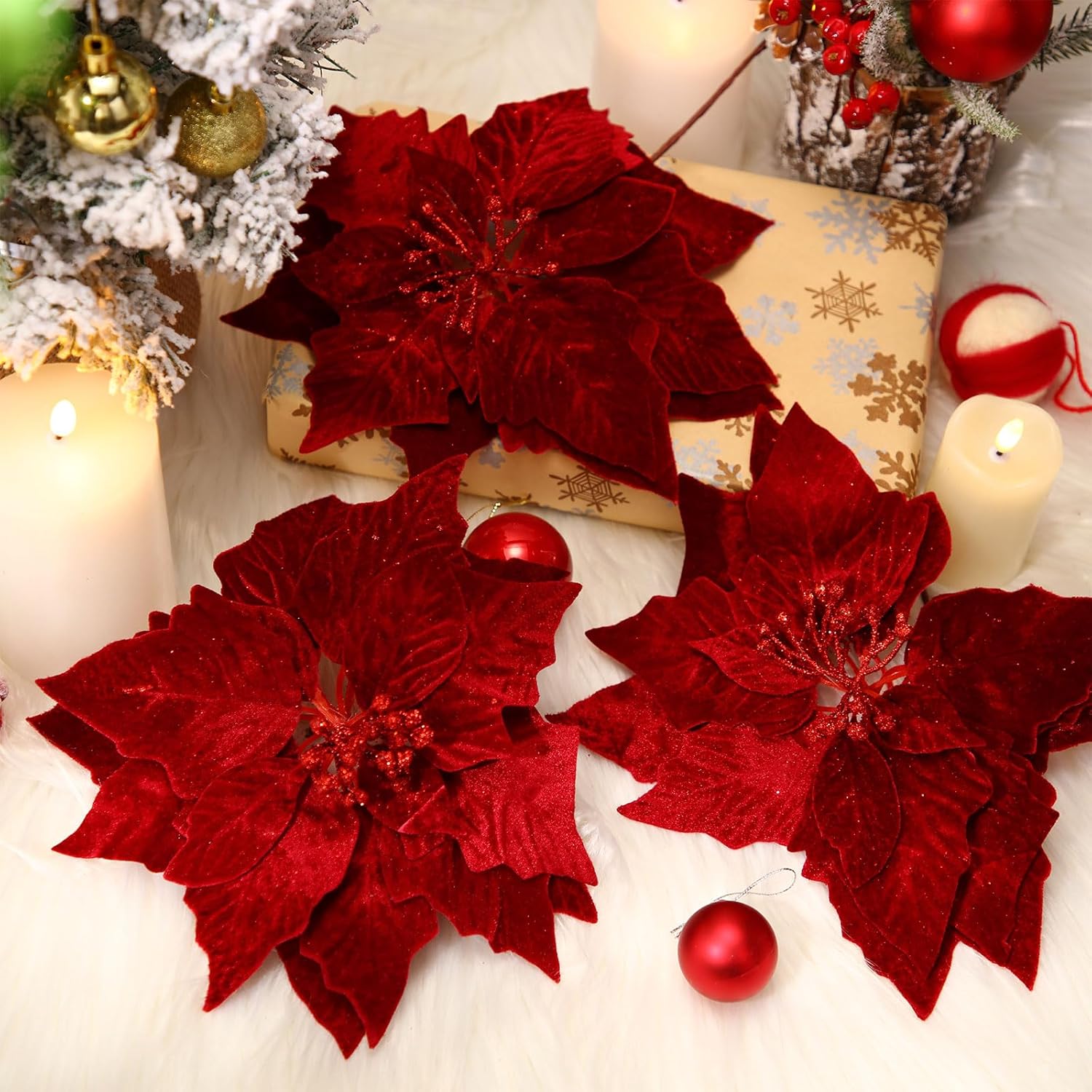 16 Pcs 9.8in Christmas Poinsettia Decorations Artificial Velvet Flowers Christmas Poinsettia Flowers Picks with Stems for Xmas Tree Ornament DIY Wreath Xmas Party Supplies (Wine Red)