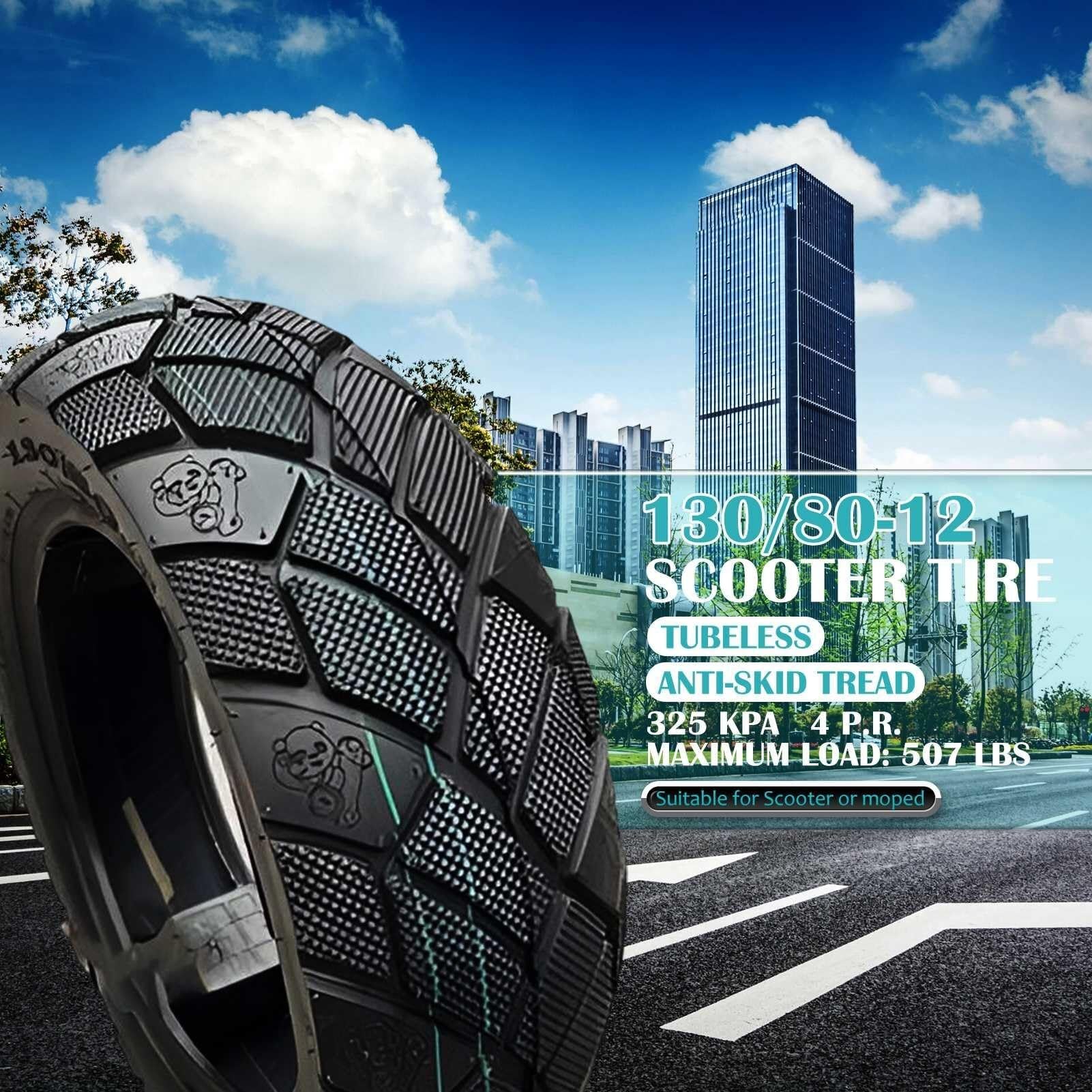 130/80-12 Opona Motocyklowa bez Wewnętrznej Rury | 130/80/12 Do Przedniego i Tylnego Koła | Odporna na Przebicia, Niska Oporność Toczna, Nośność 230 kg, Trwała Bieżnikowa Powierzchnia