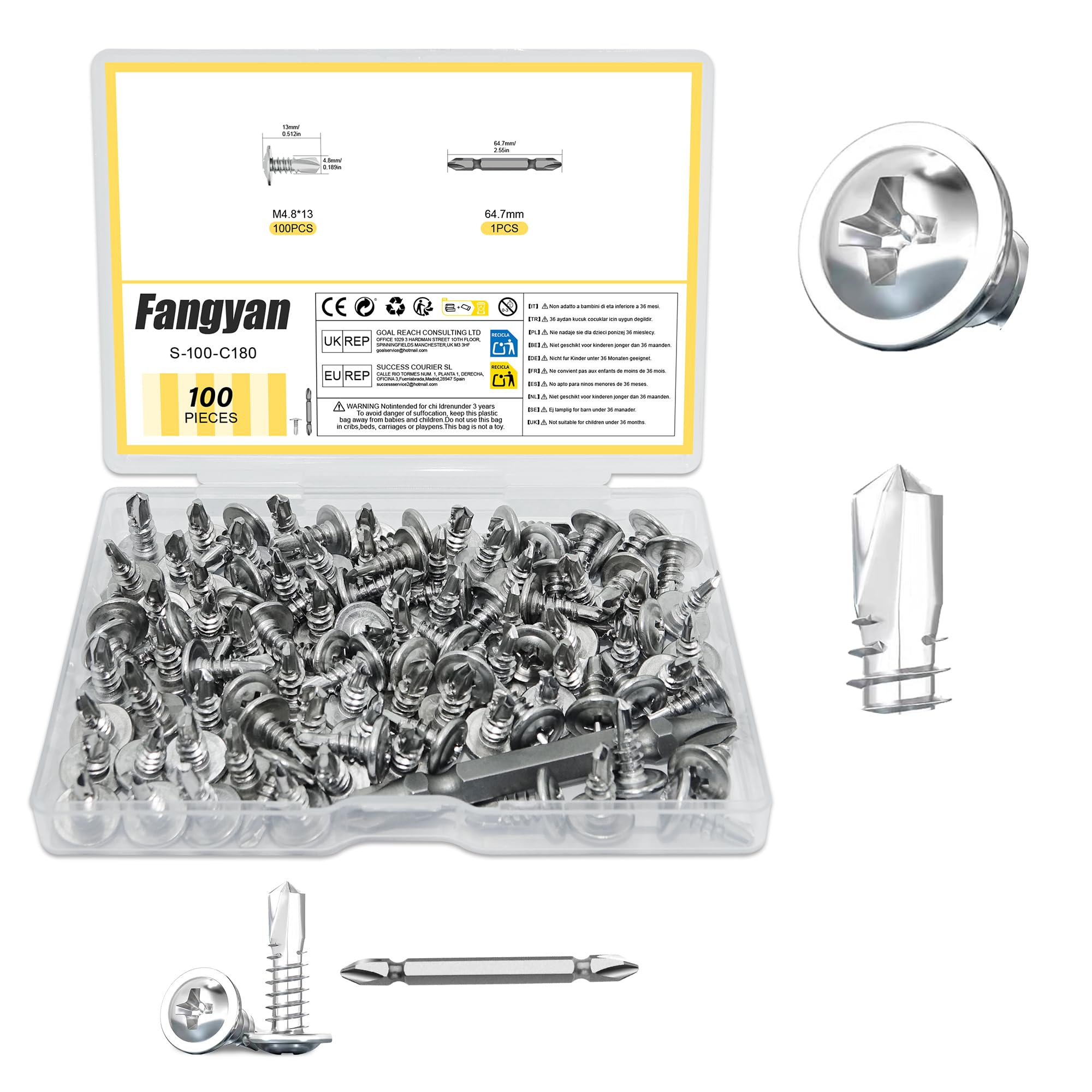 Fangyan 100Pcs M4.8×13mm Wafer Head Self Drilling Screws, High Strength 410 Stainless Steel Sheet Metal Screws with Screwdriver Bit for Sheet Metal Installation