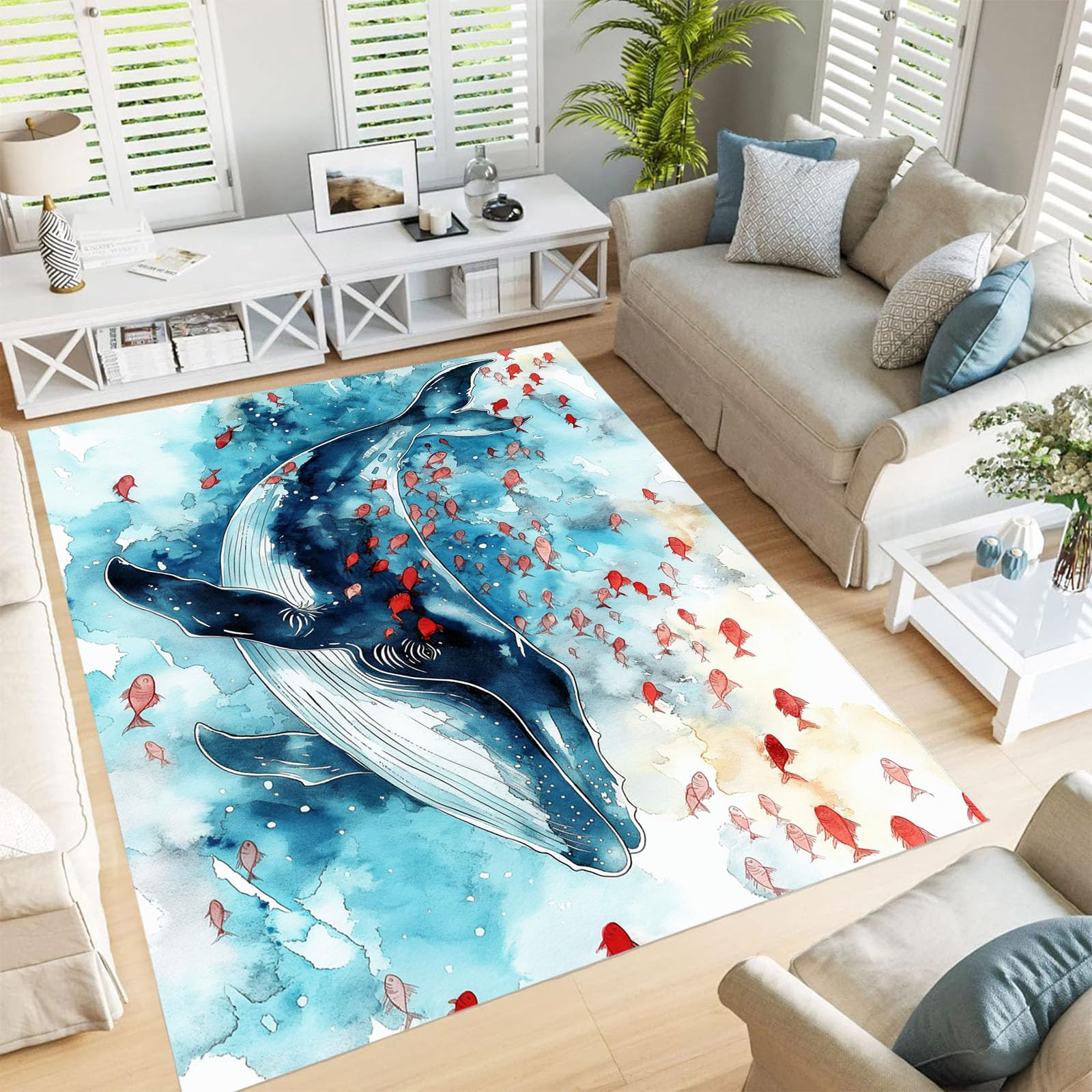 Tapis de salon antidérapant et durable motif baleine aquarelle
