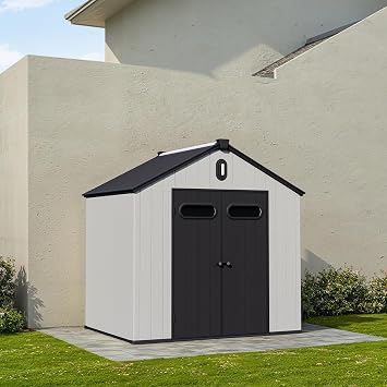 AMGUI Storage shed,Dual-Wall high-Density polyethylene Outside Sheds&Outdoor Storage with Floor 8x6.5 Ft for Bike, Lawnmower,Water Pipes,with Lockable Door for Backyard, Patio,Lawn, Sandstone-Gray