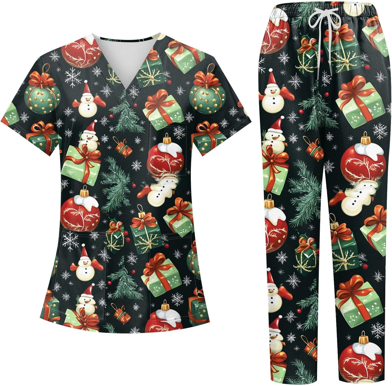 Generic Christmas Scrubs Set for Women Nurse Uniform Top & Pants with Multi Pocket for Nurse Esthetician Workwear