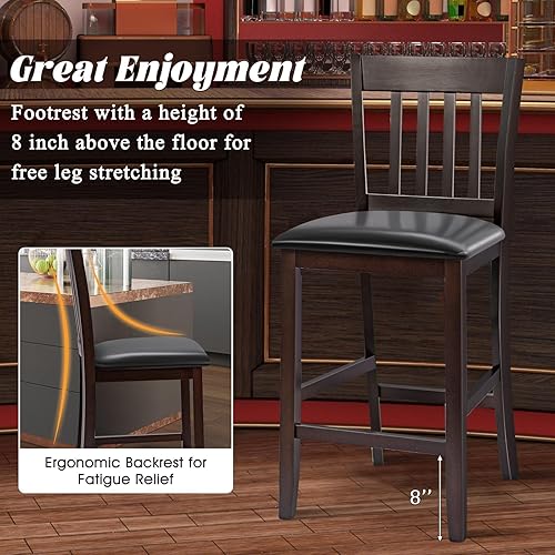 Miniatura 5 de COSTWAY Juego de 2 taburetes de bar de altura de mostrador, sillas de pub de madera de 25 pulgadas con asiento de piel sintética, sillas de isla