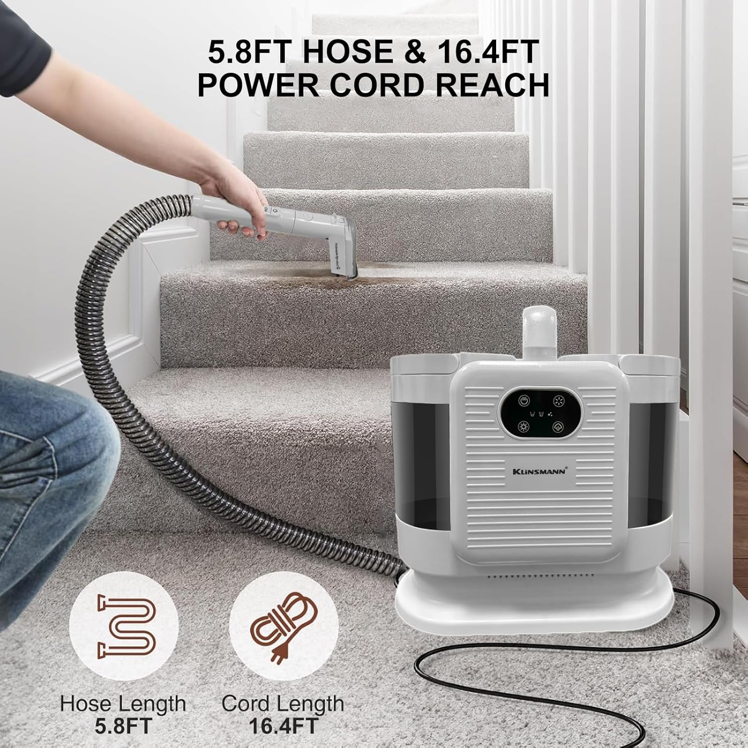 Portable Upholstery & Carpet Cleaner Machine, 15KPa Powerful Suction with Steam & Heating System, 4 Cleaning Modes, Handheld Shampooer for Sofa, Couch, Rug, Furniture, Car Seats & Pet Messes, White