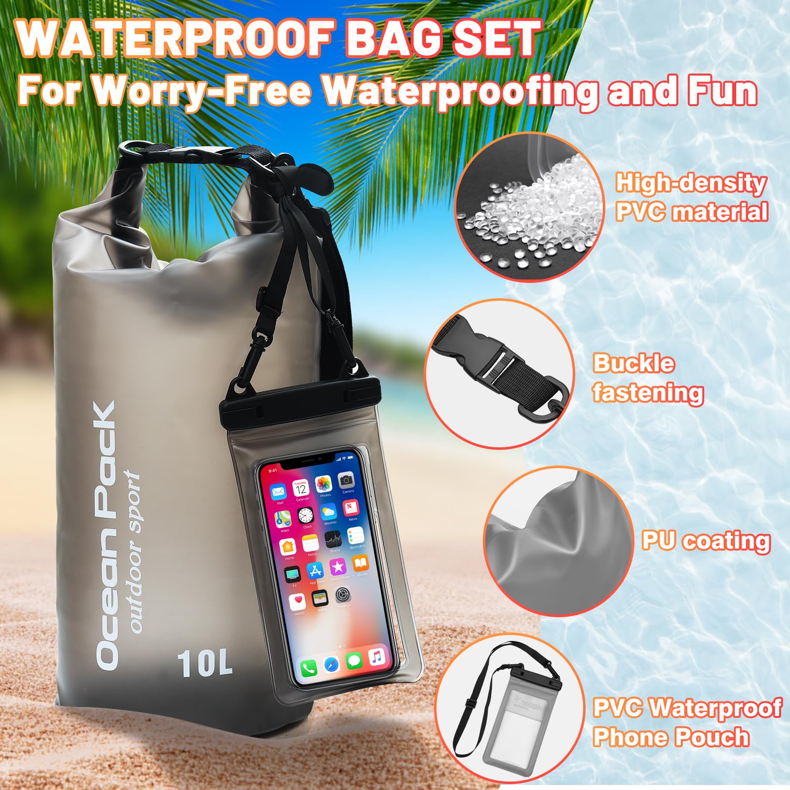 KUOGAS Sacca Stagna con Borsa Impermeabile & Cinghie – Zaino Impermeabile per Outdoor, Campeggio & Sport Acquatici | 5L, 10L, 20L | Leggero & Resistente | Borsa Impermeabile (Nero, 10 L)