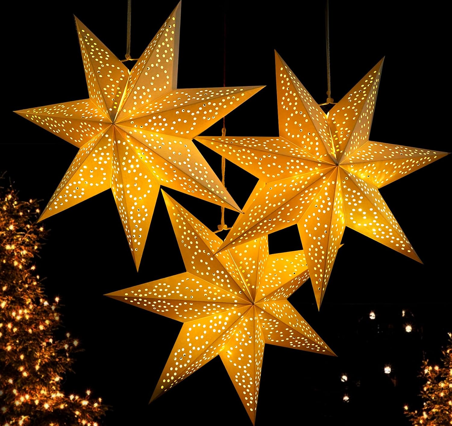 HOUÍSM 3Pack Star Shape Paper Lantern Hanging Hollow-Out Star Lampshade White 7-Pointed Star Light Lantern with 3*Fairy Light Strings for Christmas Holiday Nordic Winter Wedding Home Decor.