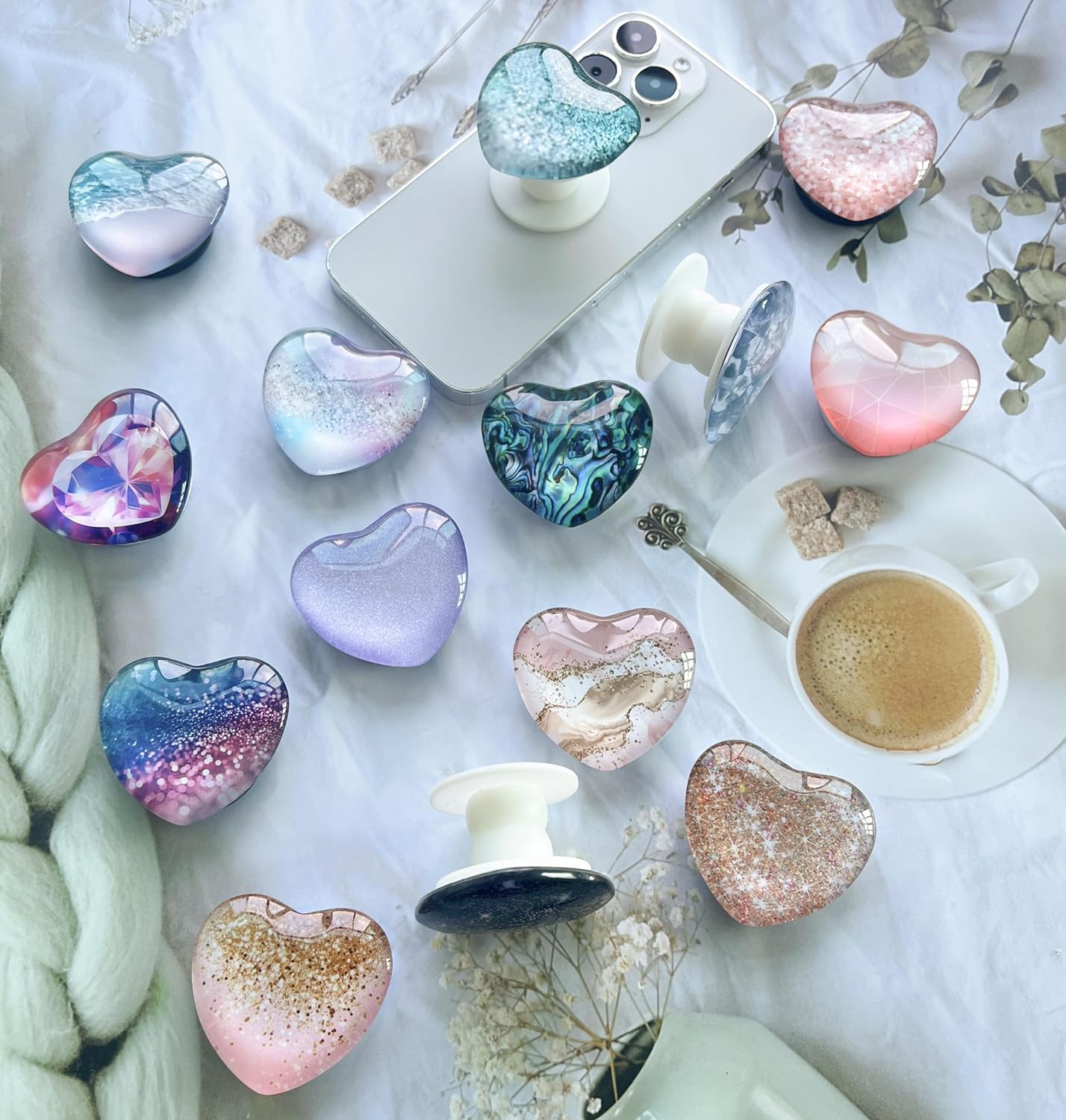 Expandiing Moblile Cell Phone Grip Heart Shape Glass Holder for Smartphones, Cellphone Collapsible Stand(Purple - Image 5