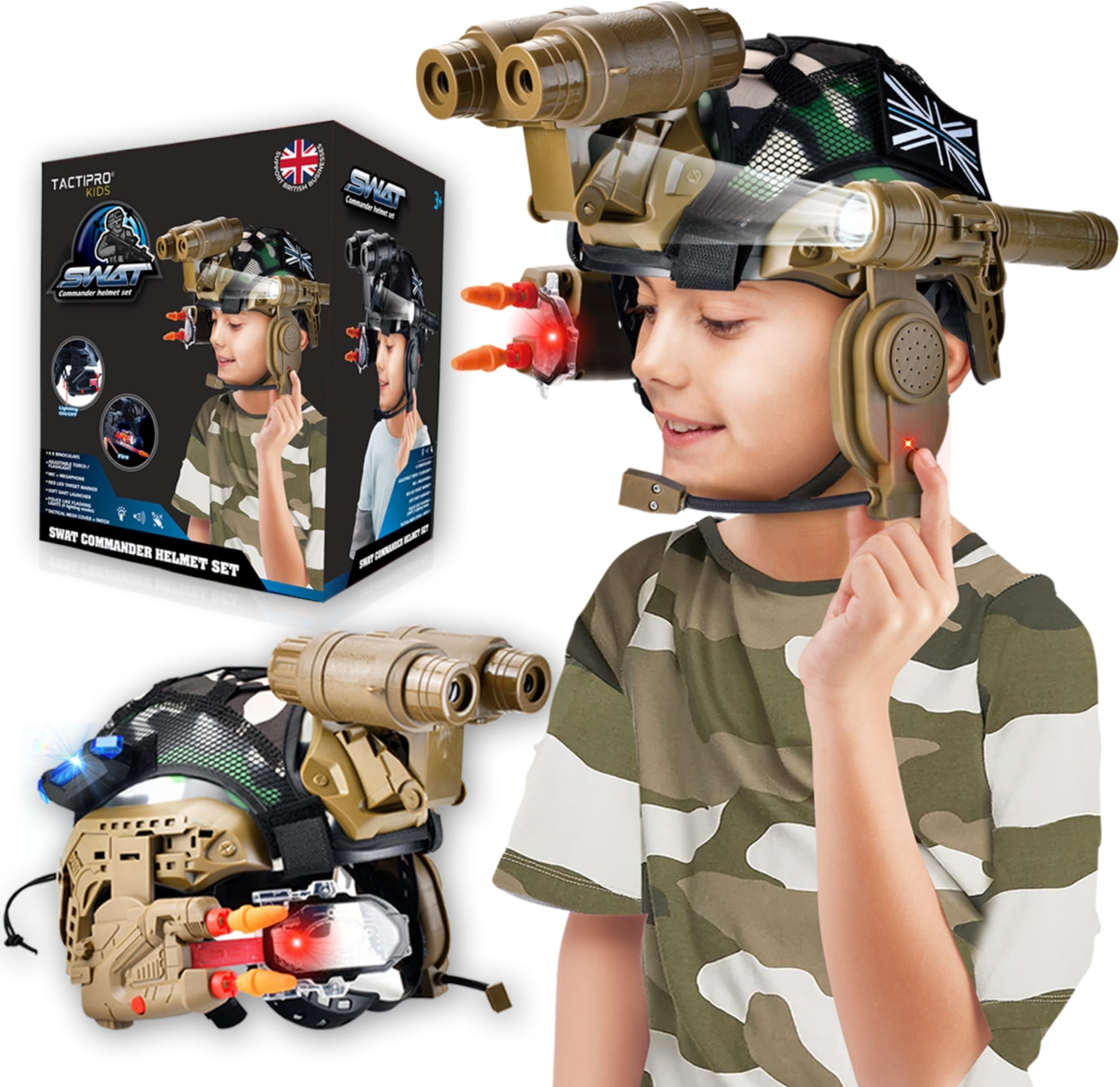 Police kids toy soldier Army SWAT Helmet Commander Set. Includes Removable Accessories Torch, megaphone led scope, dart toy gun & 4X Binoculars, for hours of fun