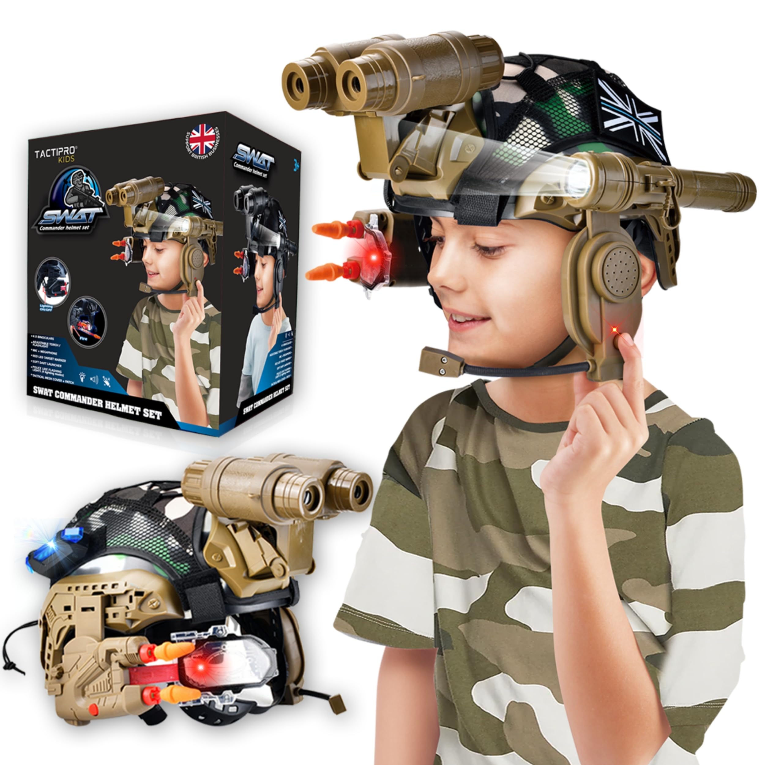Police kids toy soldier Army SWAT Helmet Commander Set. Includes Removable Accessories Torch, megaphone led scope, dart toy gun & 4X Binoculars, for hours of fun
