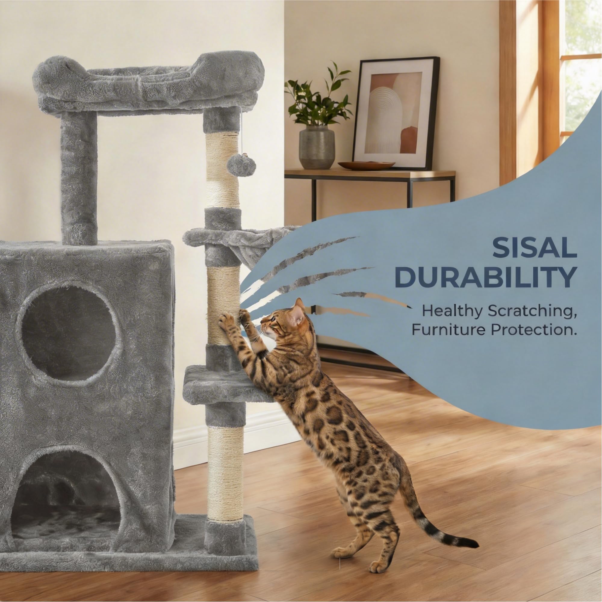 Fansafurn Torre de árbol para Gatos de Interior, casa de árbol para Gatos Adultos Grandes de 36 Pulgadas con escalones, Poste rascador, 2 condominios para Gatos, Juguetes Colgantes, Gris Claro