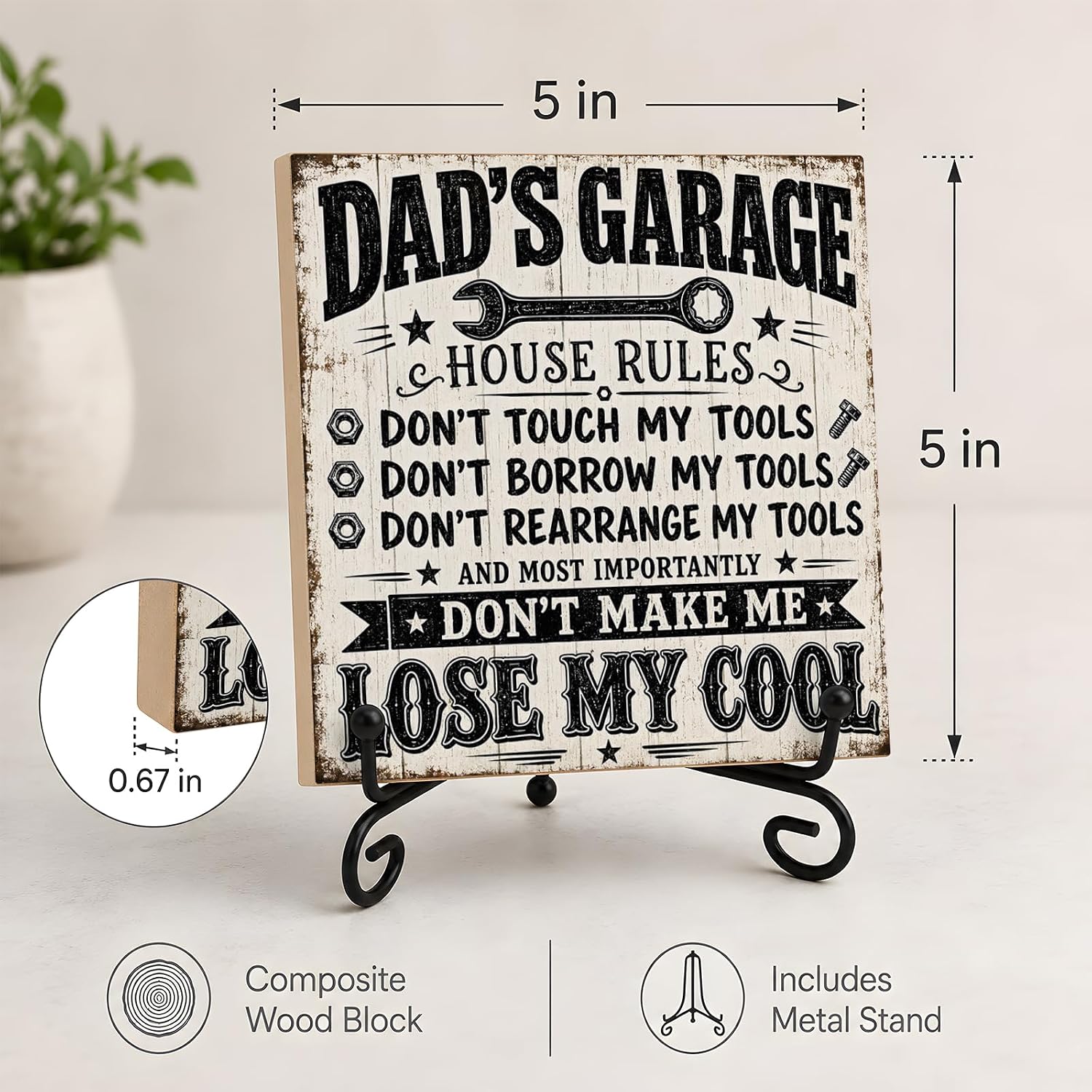 5x5 Funny Dad's Garage House Rules Wood Sign with Stand image 5