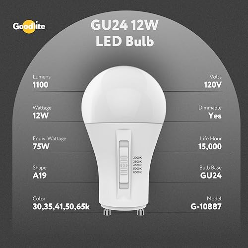Miniatura 3 de Goodlite Bombilla LED GU24 Base A19, 5 colores seleccionables 3000K-3500K-4100K-5000K-6500K, 1100 lúmenes, 12 vatios (equivalente a 75 W), alto CRI,