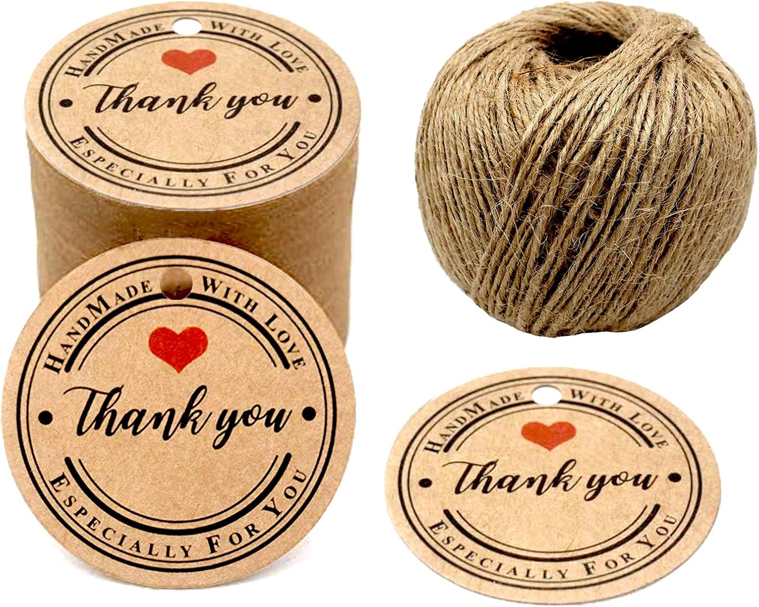 Thank You Tags, 300 PCS Kraft Paper Tags Brown Gift Tags with 200 Feet Natural Jute Twine Perfect for Valentine's Day, Mother's Day, Baby Shower, Wedding and Party Gift Decorations