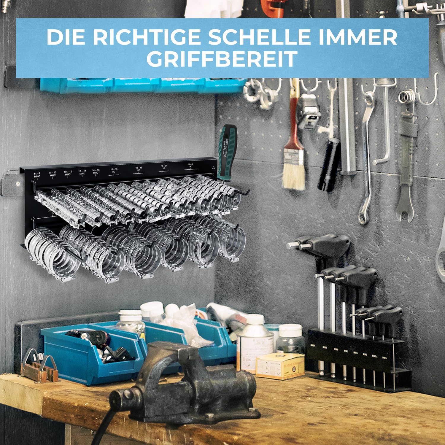 GRAFT Schlauchschellen Wandhalter Set | 227 Stück | Inklusive Halterung und Schraubendreher | Rohrschellen Set | Einstellbare Schlauchklemmen | Schlauchschelle Sortiment | Organizer Rack