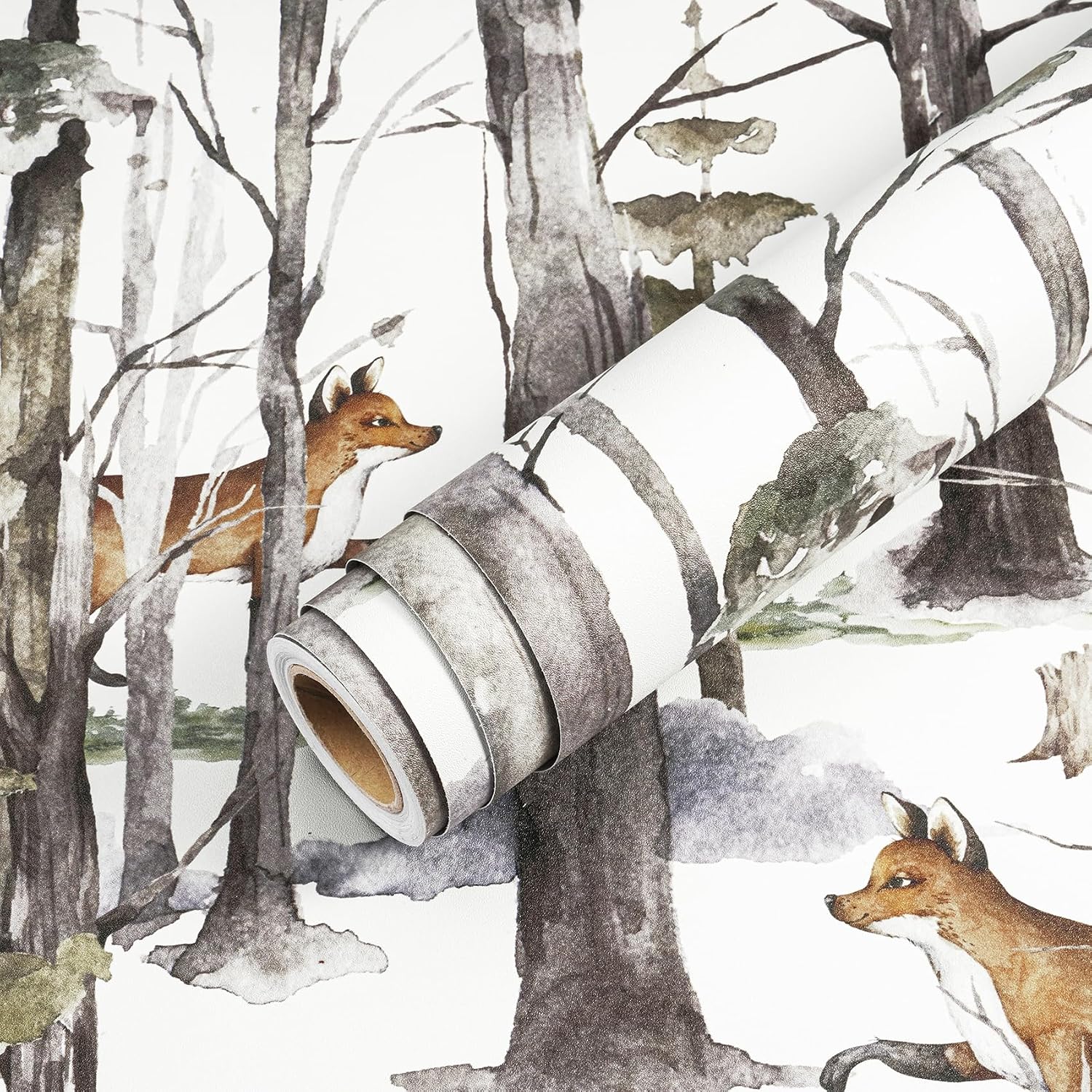 Livelynine 17.5x276 Forest Animal Wallpaper Peel and Stick Vintage Hunting Fox Trees Wall Mural Wallpaper for Bedroom Bathroom Kids Room Nursery Woodland Forest Contact Paper Fairy White Grey Sage
