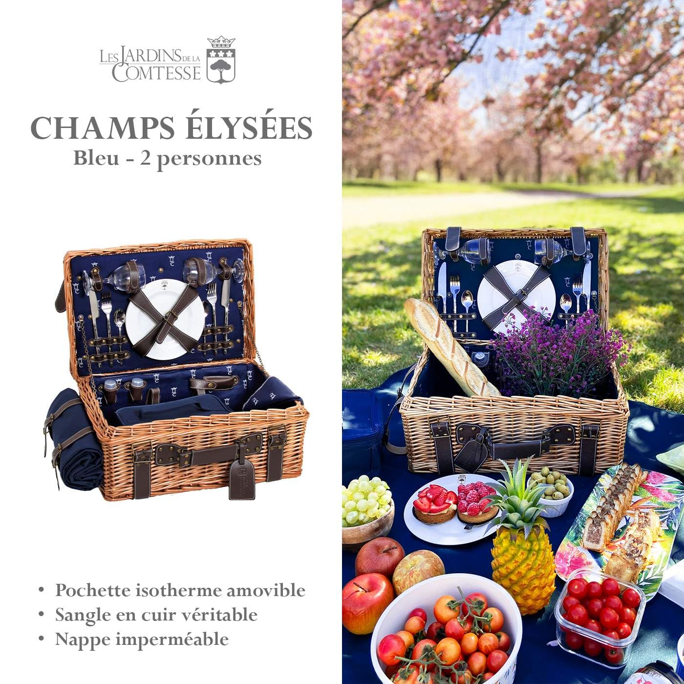 Les Jardins de la Comtesse - Panier Picnic Champs Elysées Bleu en Osier - Sangles en Cuir - Complet 2 Personnes - Glacière/Nappe - Assiettes en Porcelaine et Verres à Vin en Verre - 48 x 34 x 21 cm