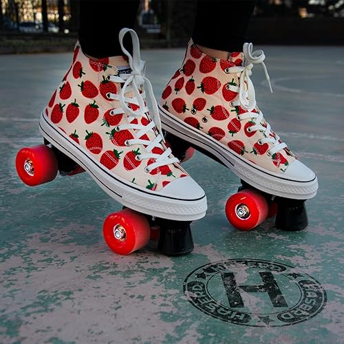 Miniatura 6 de HASERD Patines para mujer con bolsas, patines de lona ajustables de doble fila para niñas, diseño temático de fresa y piña, estilo de tenis de lona