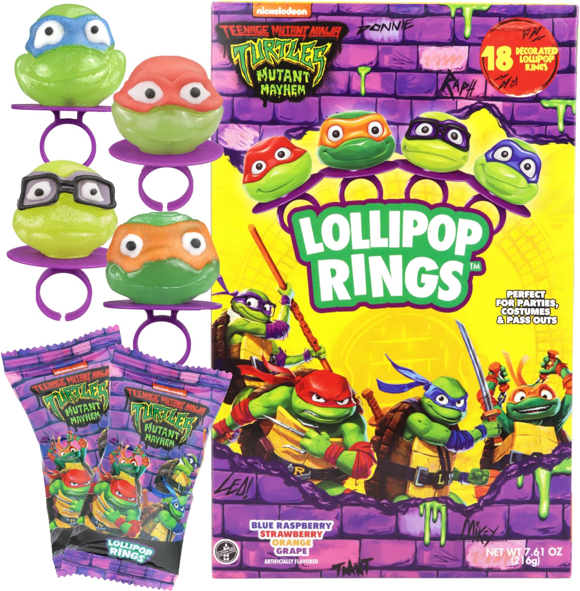 Teenage Mutant Ninja Turtles TMNT Individually Wrapped Lollipop Rings, Leonardo, Raphael, Michelangelo, and Donatello, Decorated Candy, Valentine's Day Calssroom Exchange Candies, 18 Count