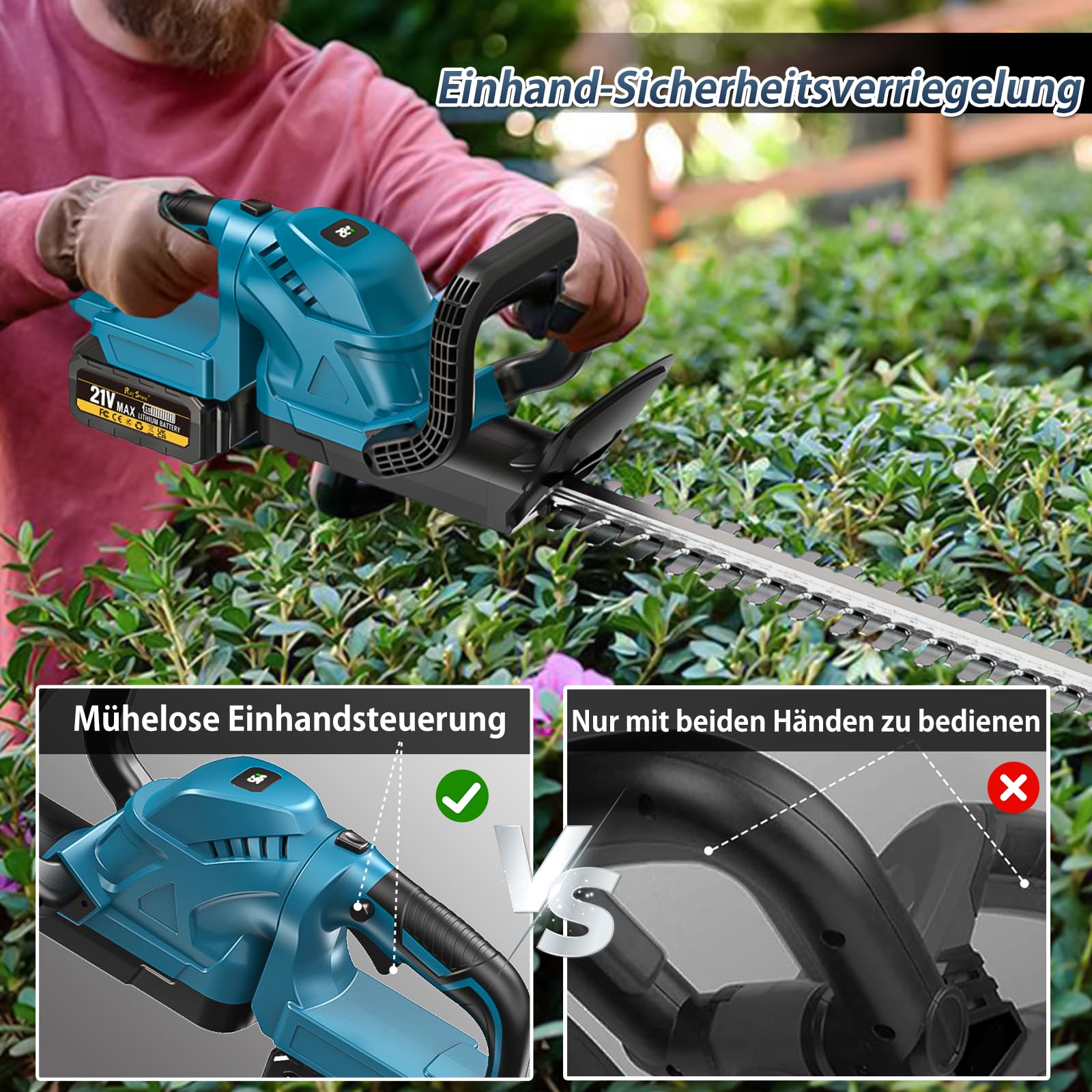 Akku-Heckenschere mit 2 x 4000 mAh Akku | Digitale Akkuanzeige, 90° drehbarer Handgriff, Hochwertige Messer, Reinkupfer-Motor, Für Sträucher & Bäume