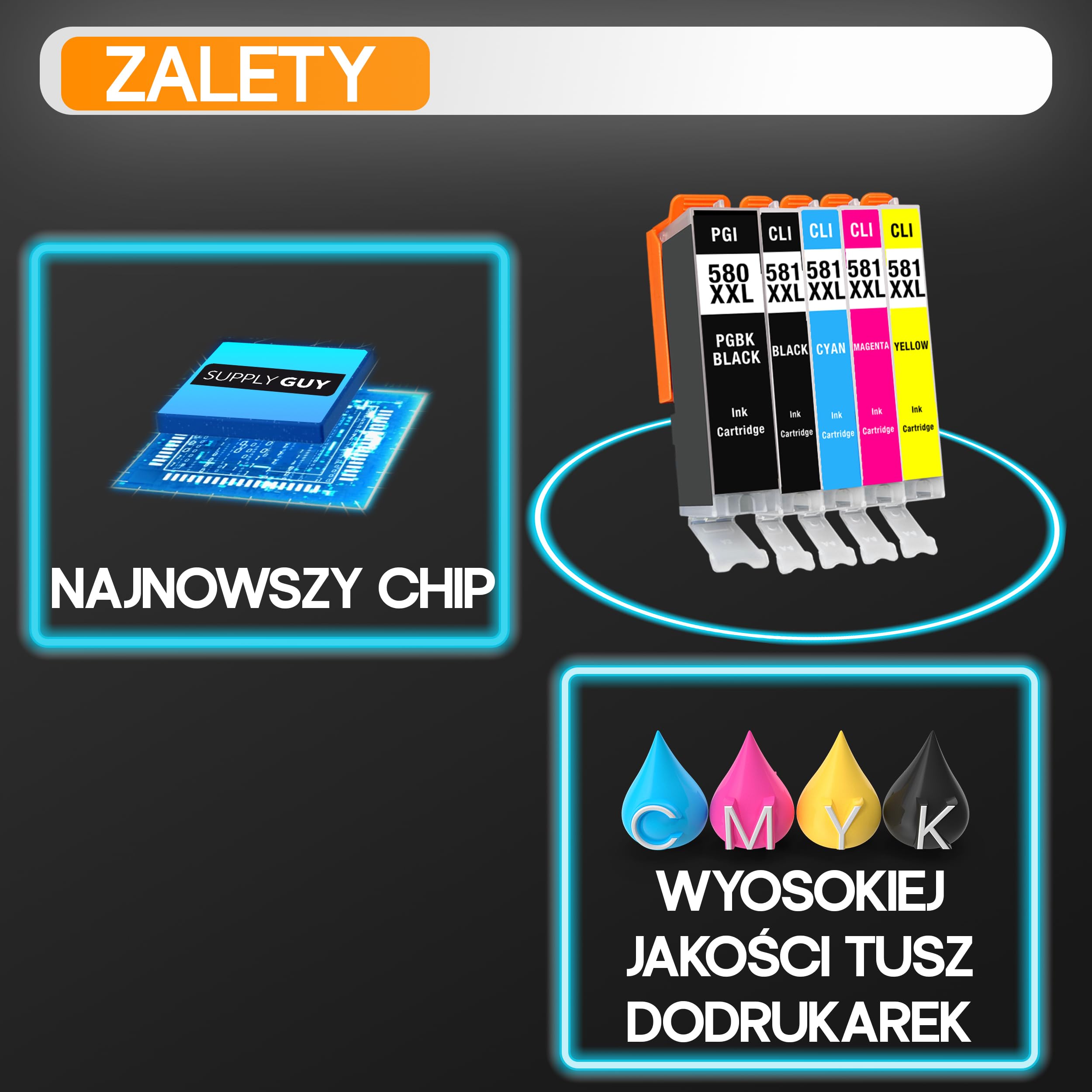 Supply Guy 580XXL 581XXL kartridże kompatybilne z Canon PGI-580 CLI-581 do Pixma TS705 TS705a TS6350 TS6350a TS6351 TS6351a TS6300 TR8550 TS9550 TS6150 TR7550 Multipack 20 kartridży 580 581 XXL