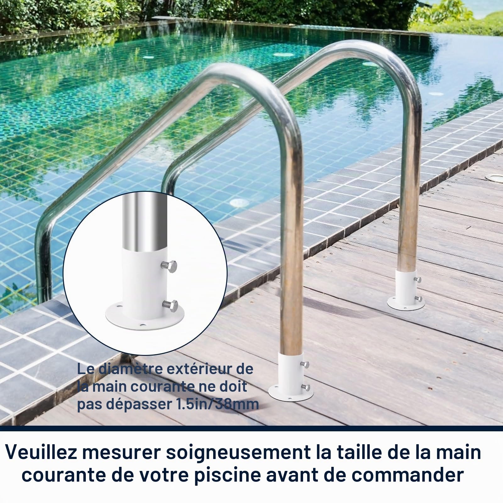 2pcs Brides de Terrasse de Piscine, Acier Inoxydable, Bride de Tige Brides d'Échelle de Piscine pour Échelle de Piscine Hors Sol, Main Courante de Piscine de 3,8cm